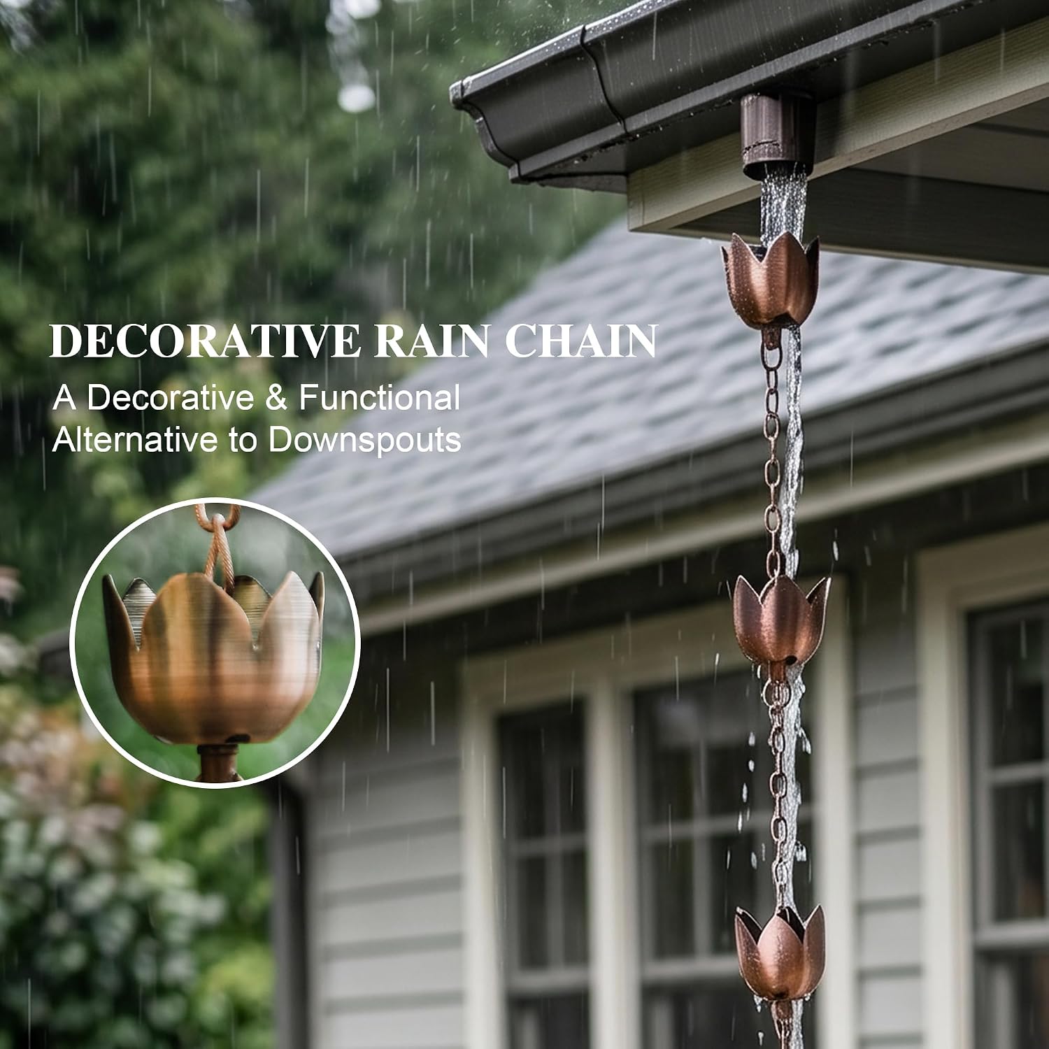 6FT Lotus Rain Chain, Metal Rain Chains for Gutters with 8 Cups | Adjustable Rainwater Catcher Chain for Outside, Rain