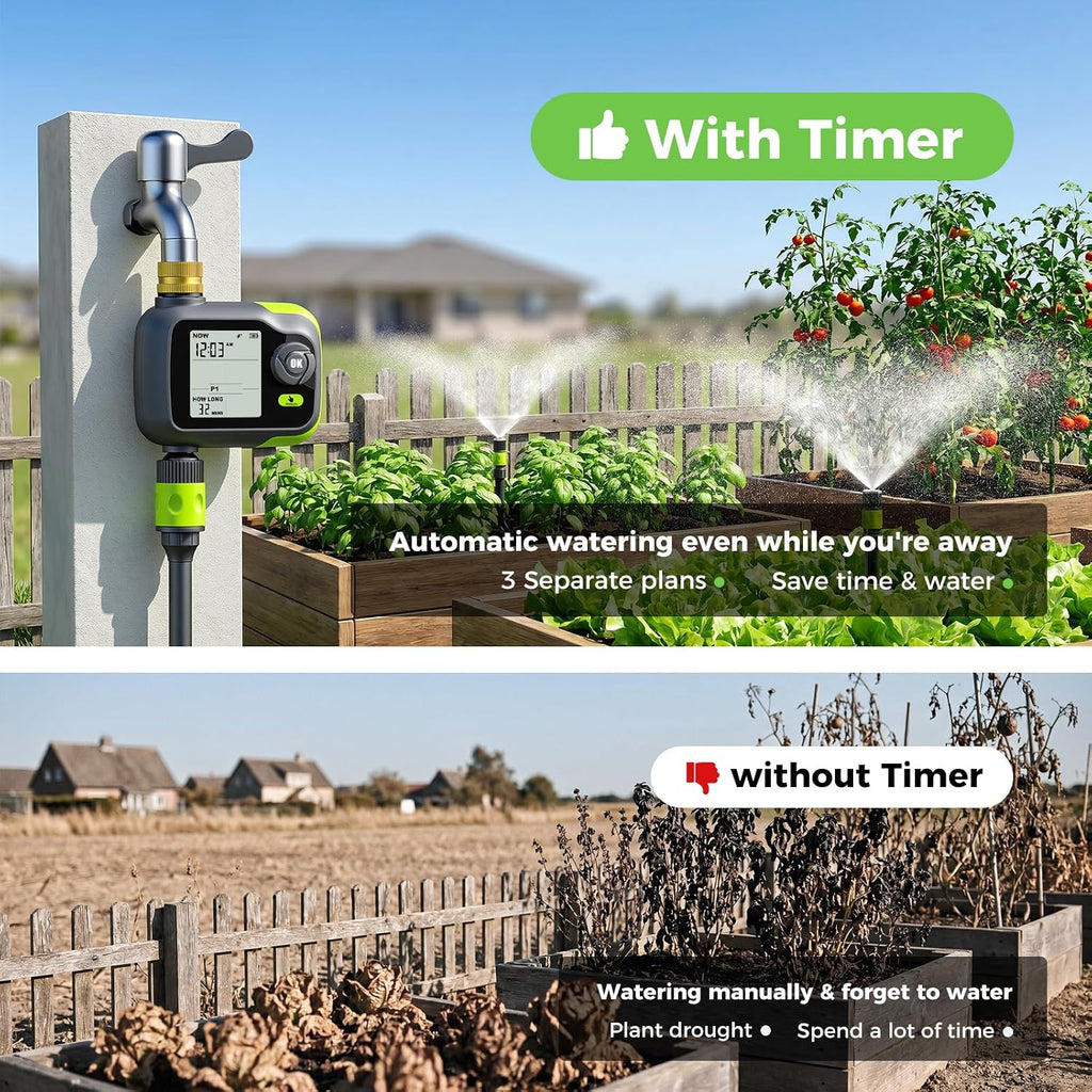 Sprinkler Timer, Watering Timer Brass Inlet for Garden Hose, Programmable Hose Timers w/Rain Delay, Outdoor Soaker