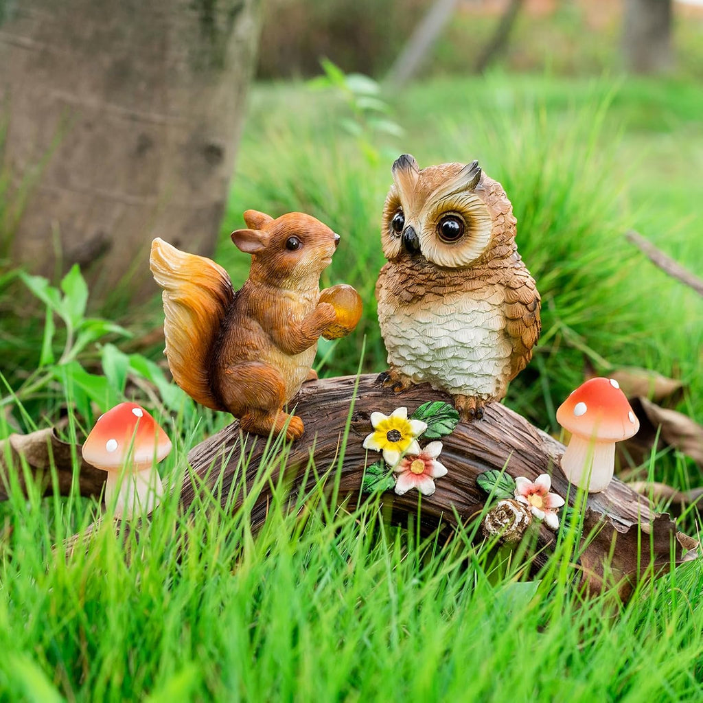 Solar Owl Garden Statues Outdoor Decor Resin Owl Squirrel Figurine with Mushroom Lights for Patio Lawn Yard Decorations