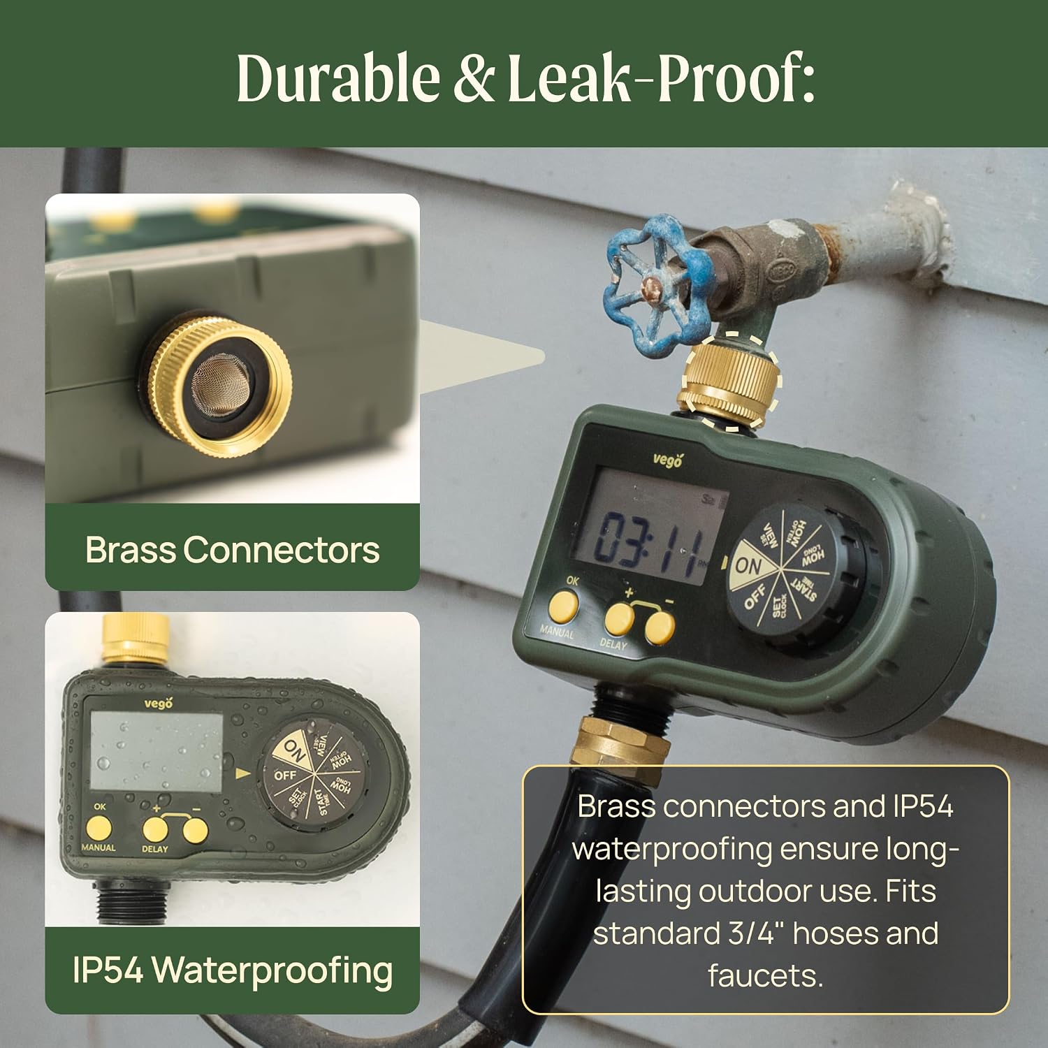 Vego Sprinkler Timer with Brass Inlet- Watering Timer for Garden Hose with Rain Delay/Manual Watering/Automatic