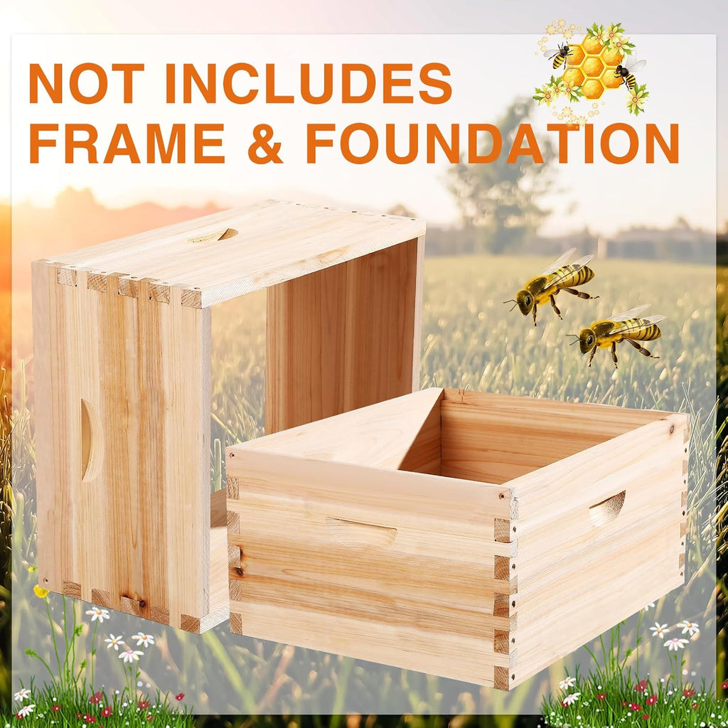 CroBlissful 2 Pcs 10 Frame Bee Hive Box Including Medium Super Beehive Box and Deep Brood Wooden Frames Bee Hives