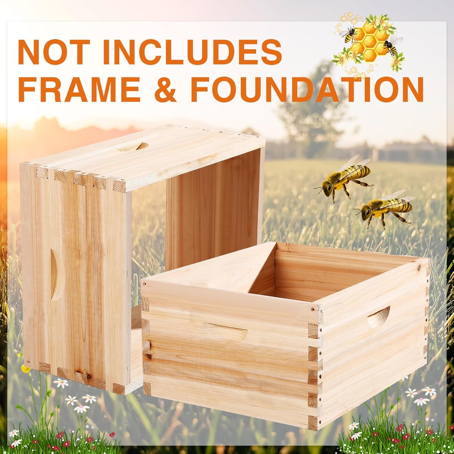 CroBlissful 2 Pcs 10 Frame Bee Hive Box Including Medium Super Beehive Box and Deep Brood Wooden Frames Bee Hives