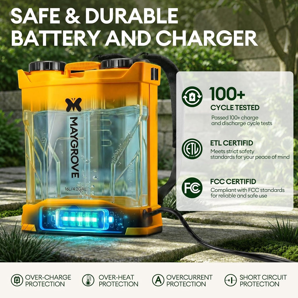 Maygrove 4.2 Gallon Battery Powered Backpack Sprayer | Up to 100 PSI Electric Sprayer with Adjustable Wand & 5 Nozzles