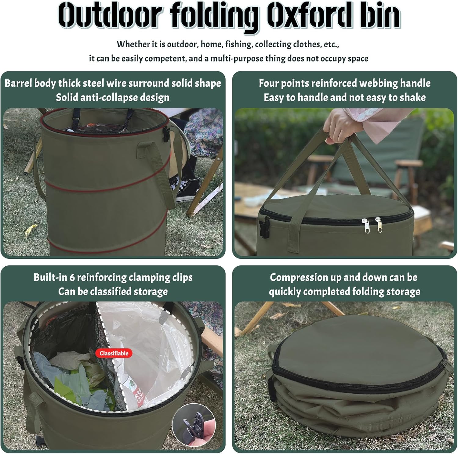 Pop up Camping Trash can,24 Gallon Collapsible Garden can with lid(Green) | Reusable Lawn and Leaf Bag with Sorting