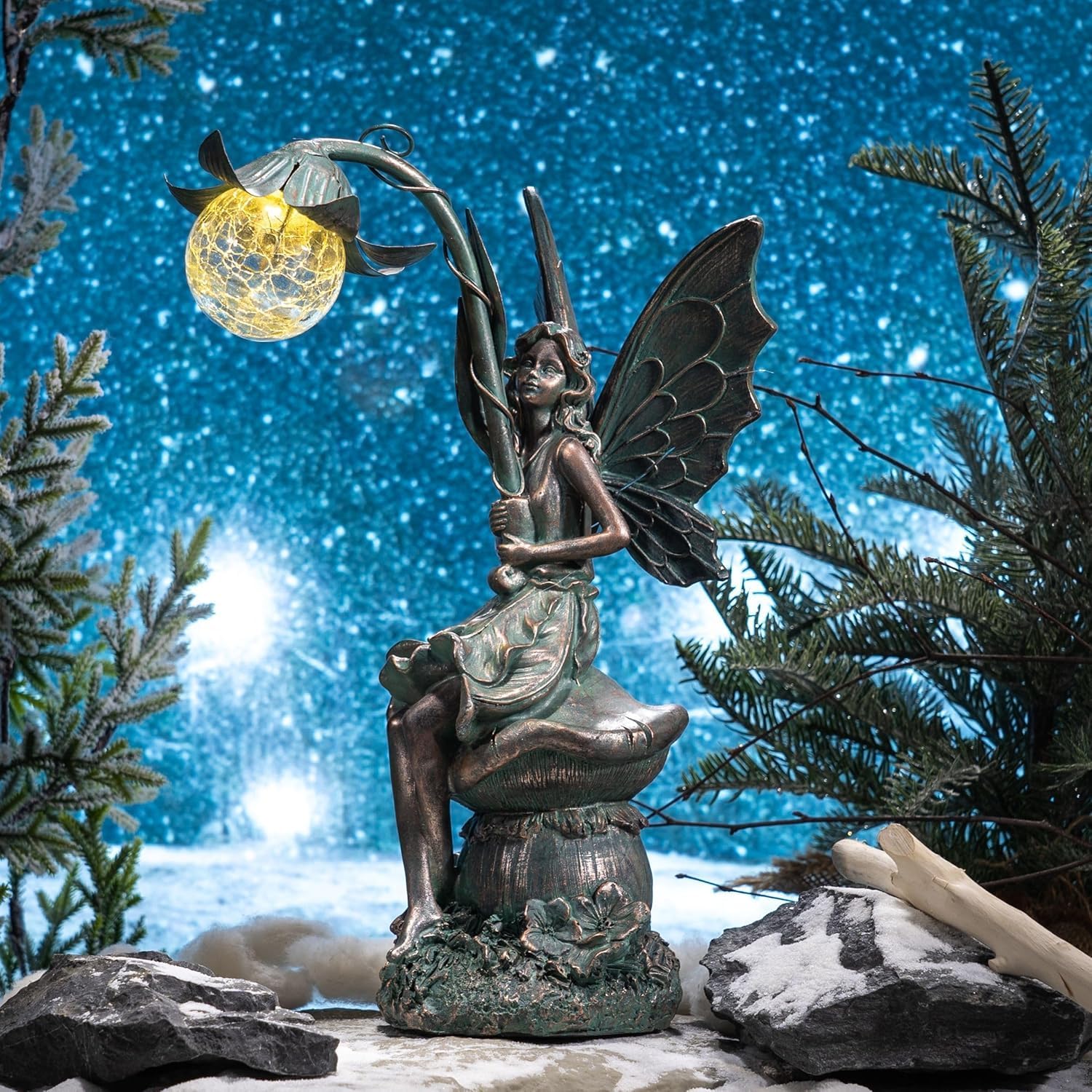TERESA'S COLLECTIONS Garden Statues Fairy Sculptures & Statues, Outdoor Solar Light Garden Decor Resin Patina Bronze
