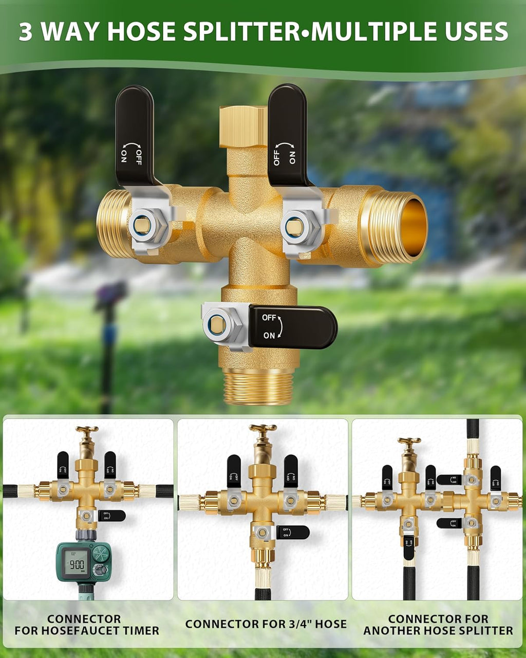 Garden Hose Splitter, 3 Way Heavy Duty Brass hose splitter, Water Hose Bib Spigot Splitter with 0.59" Full Flow Ball