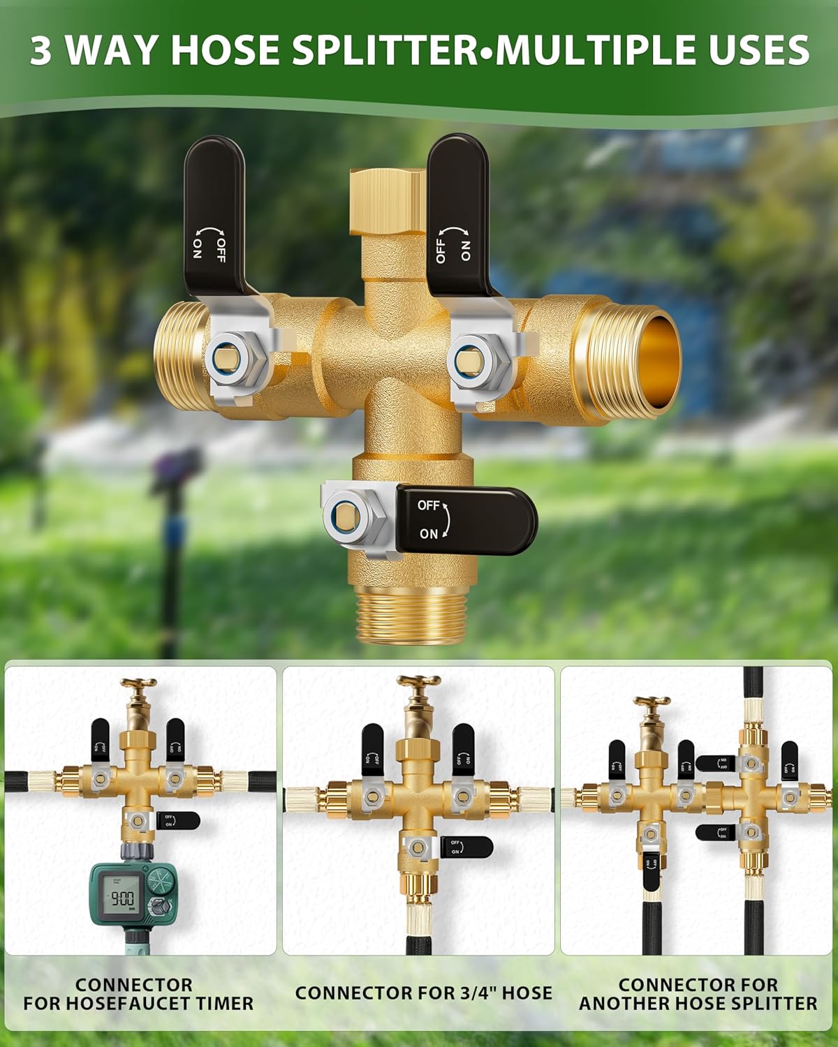 Garden Hose Splitter, 3 Way Heavy Duty Brass hose splitter, Water Hose Bib Spigot Splitter with 0.59" Full Flow Ball