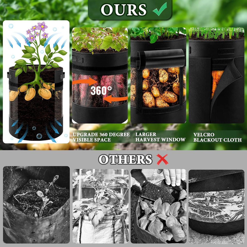 3 Pack 10 Gallon 360° Visibility Potato Grow Bags with Shading Flap | Plant Grow Bags for Growing Potatoes Heavy Duty