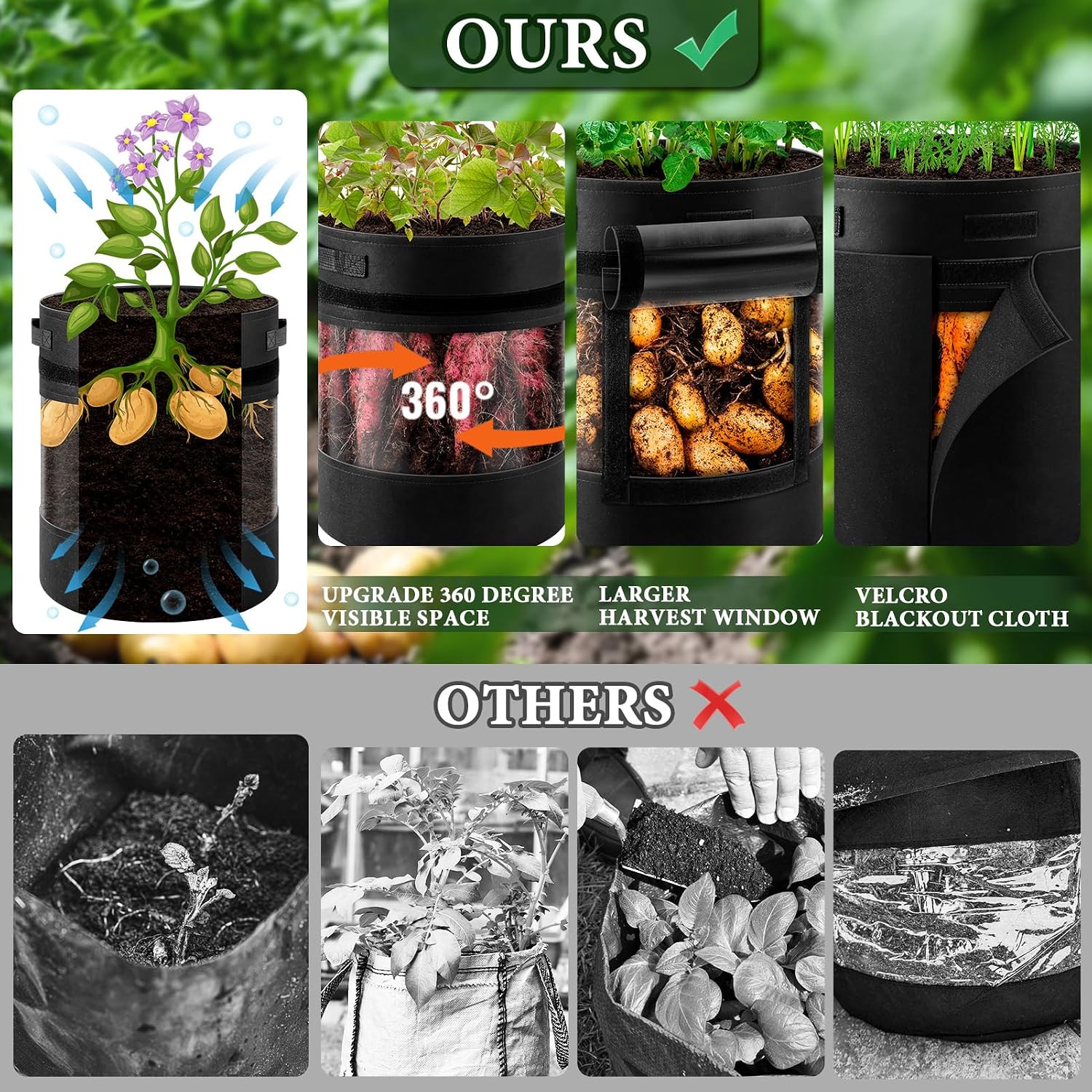 3 Pack 15 Gallon 360° Visibility Potato Grow Bags with Shading Flap | Plant Grow Bags for Growing Potatoes Heavy Duty