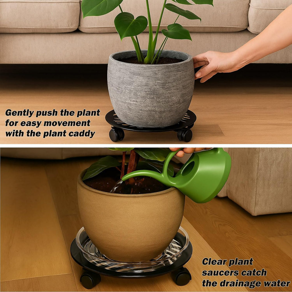 2 Packs Large Metal Plant Caddy with PU Wheels 12" Heavy-Duty Wrought Iron Rolling Plant Stands Indoor Outdoor Wheeled