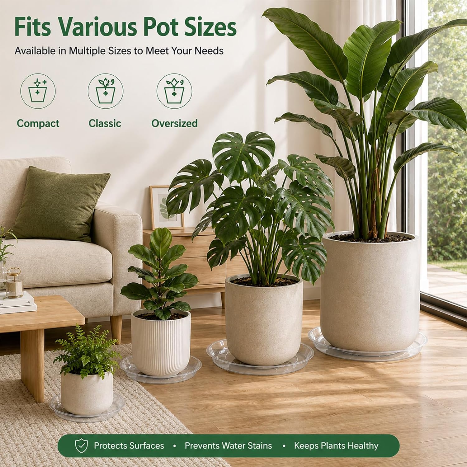 15 16 17 18 19 20 21 22 Inch Clear Plastic Plant Saucers for Indoors, Durable Plant Trays for Pots and Plant Water