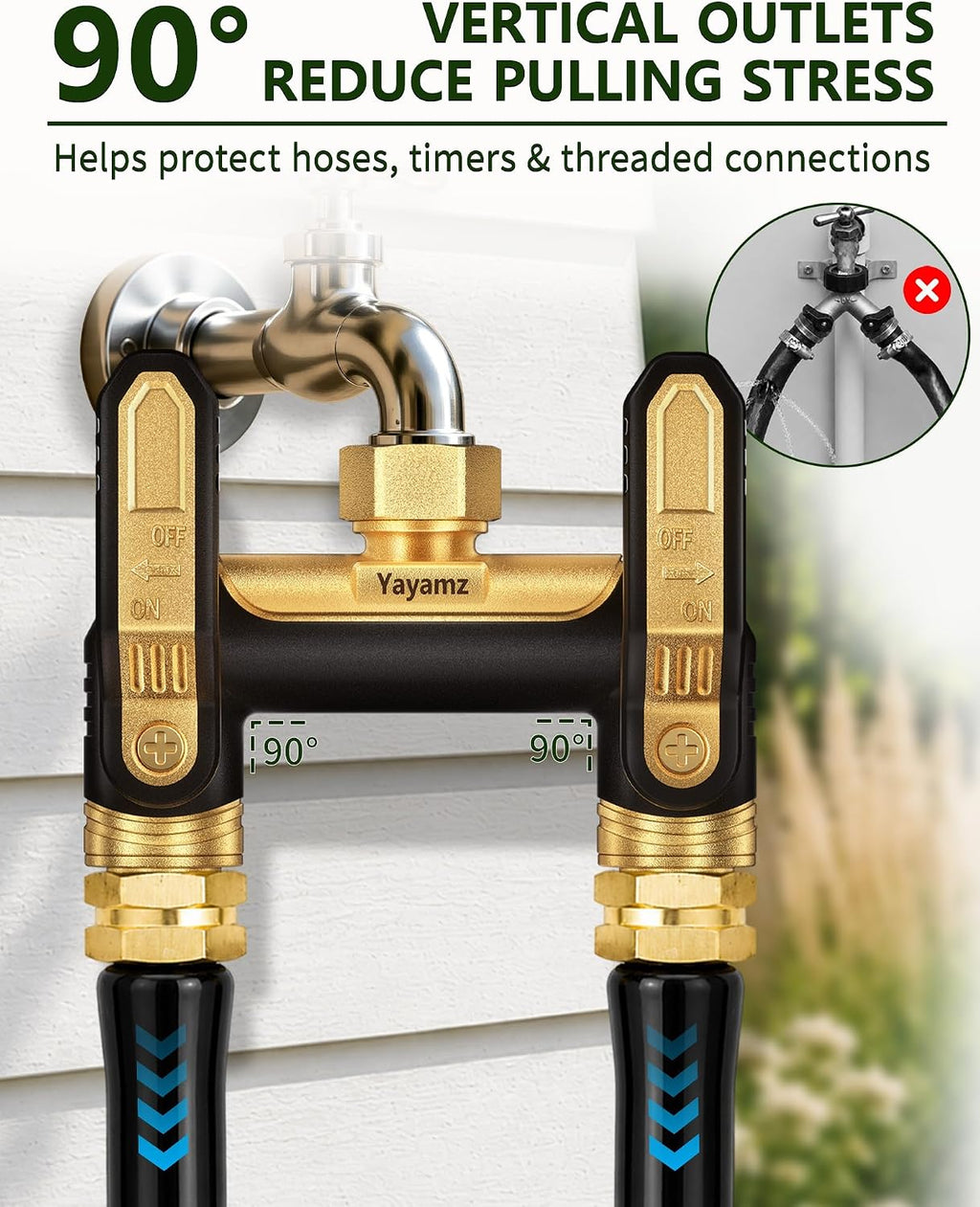 Garden Hose Splitter 2 Way, Heavy Duty Metal Water Hose Spigot Splitter | Shut Off Valves,3.6" Easy-Turn Handles,Full