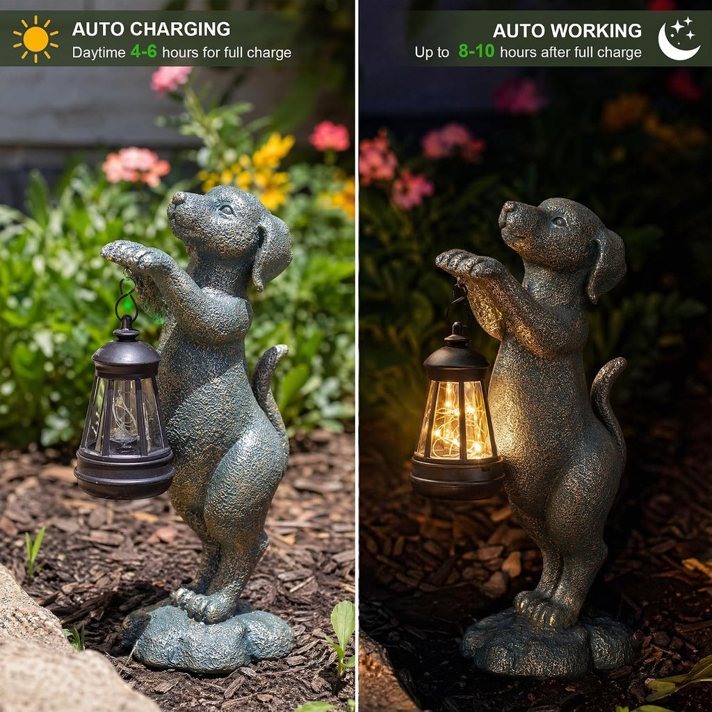 Solar Dog Garden Statue - Puppy Holding Lantern Outdoor Decor, Waterproof Resin Yard Art Figurine with Warm LED Light