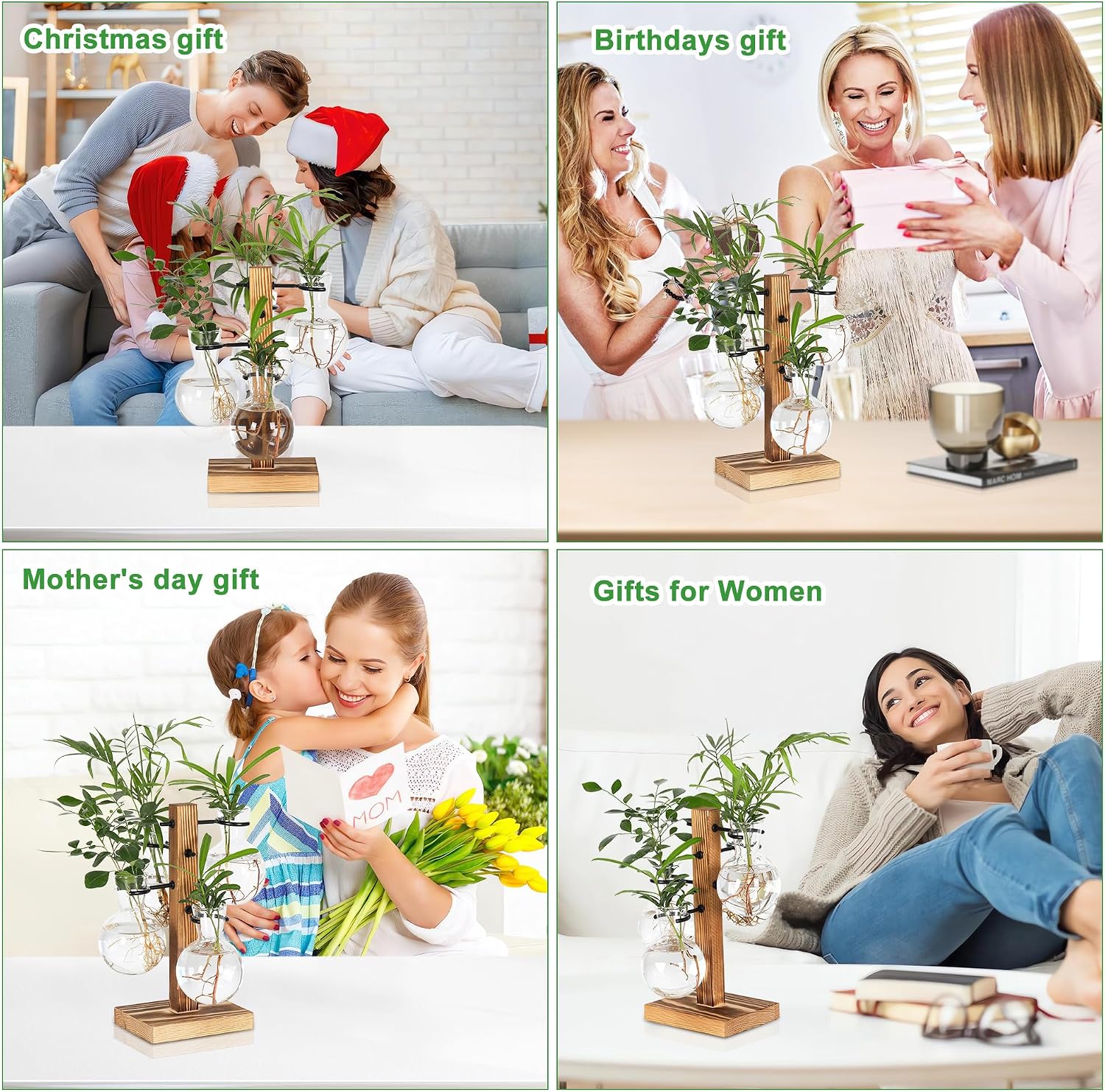 Plant Propagation Station with 4 Glass Vases & Wood Stand, Hydroponic Air Planter for Indoor Plants, Unique Gardening