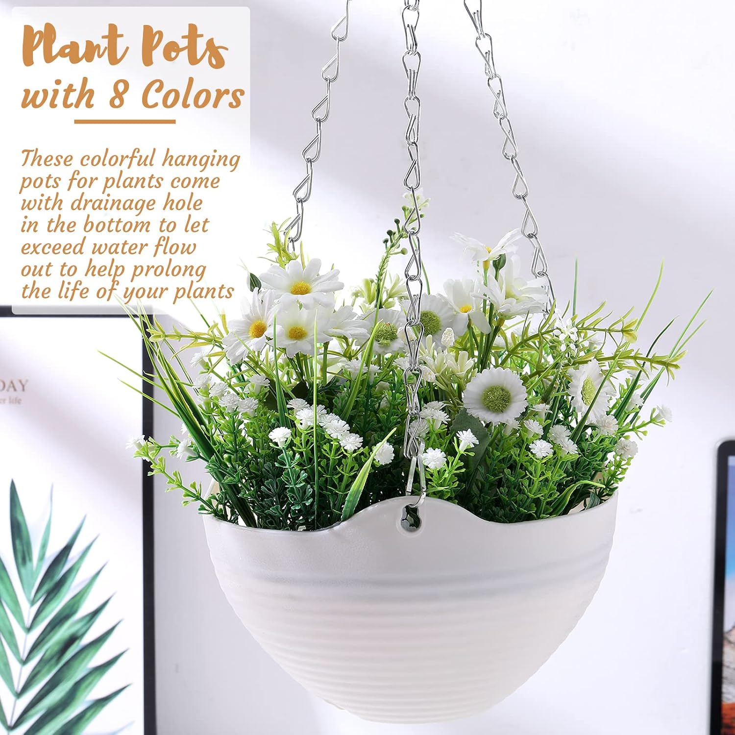 Zopeal 16 Pack Self Watering Hanging Planters 8 Inch Garden Flower Plant Pot Container with Drainer and Chain Round