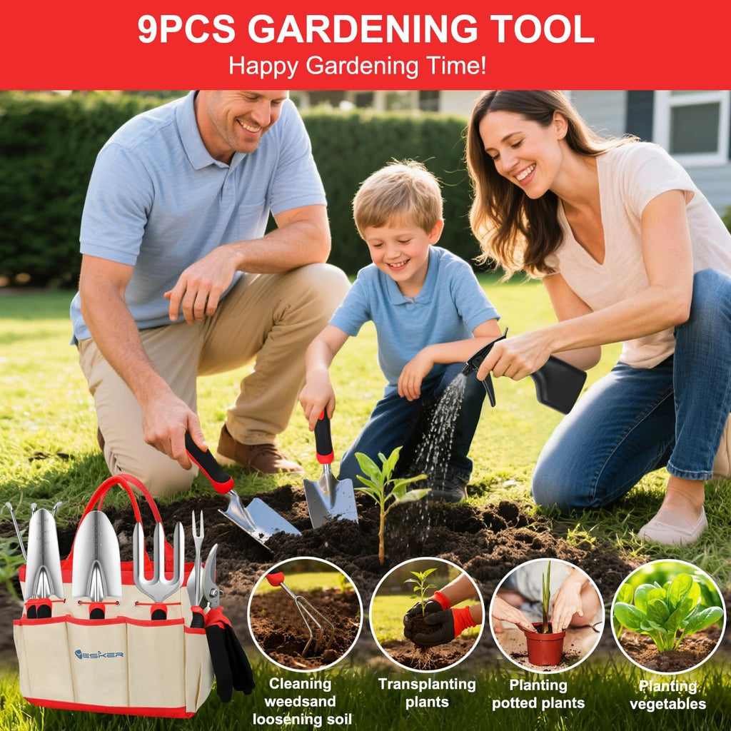 Yesker Gardening Tools 9-Piece Heavy Duty Garden Tool Set Gardening Supplies Gifts for Women Men Gardening Hand Tool