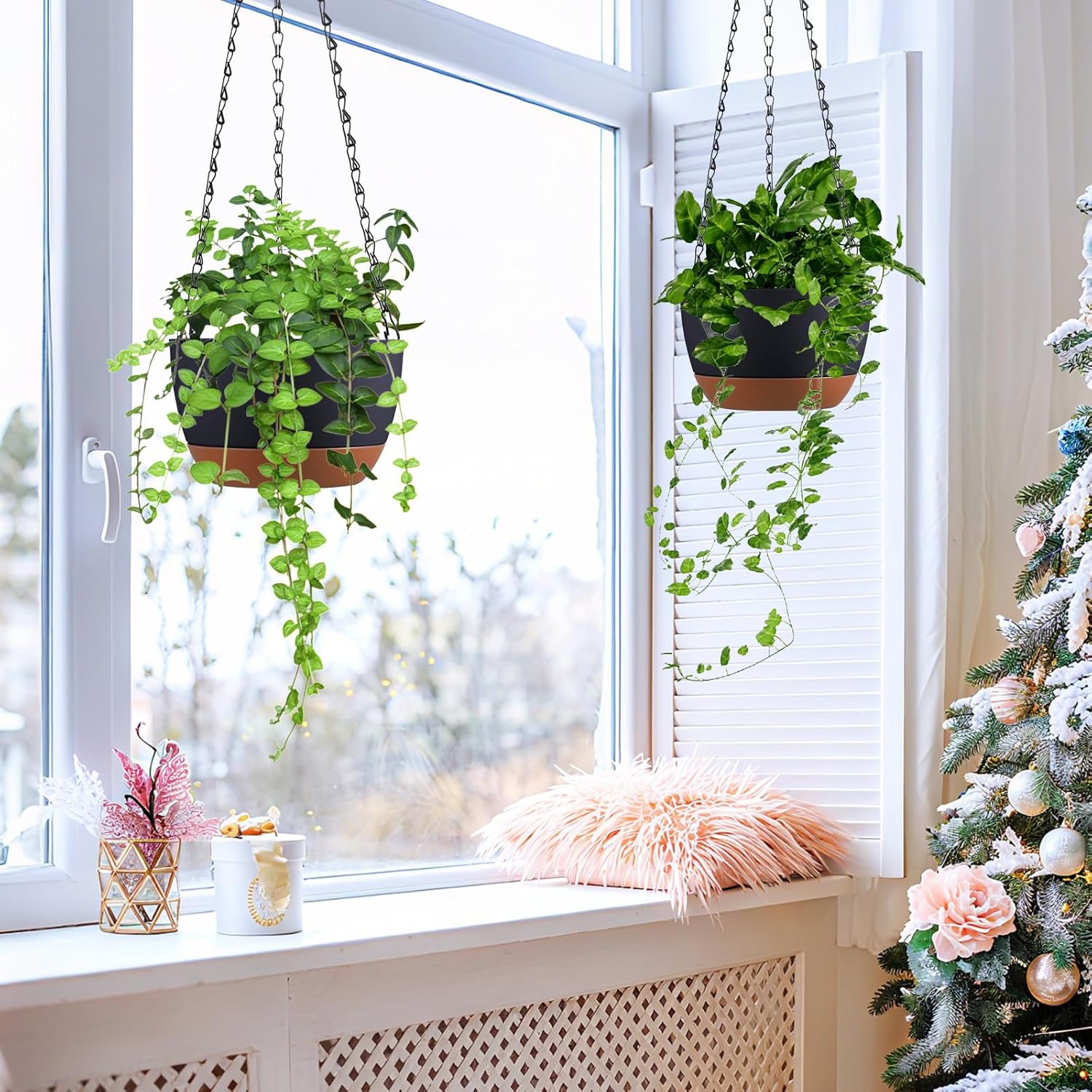 Set of 2-8 Inch Hanging Planters for Indoor Outdoor Plants | Self-Watering Hanging Flower Pots with Drainage Hole &