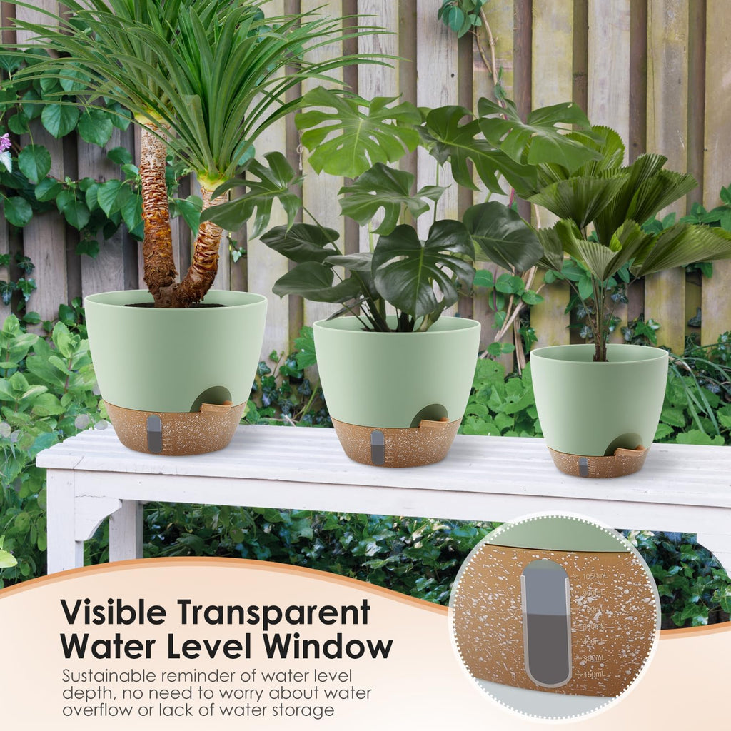 QRRICA 12/10/9 Inch Self-Watering Plant Pots with Water Level Indicator, Drainage Holes & Saucers – Large Plastic