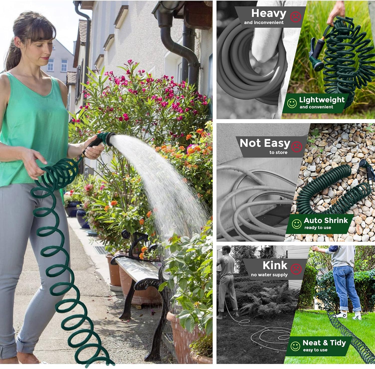 Coil Hose 50FT EVA Coil Garden Hose With 3/4'' Brass Connector Coiled Water Hose Lightweight And No Kink Includes 7