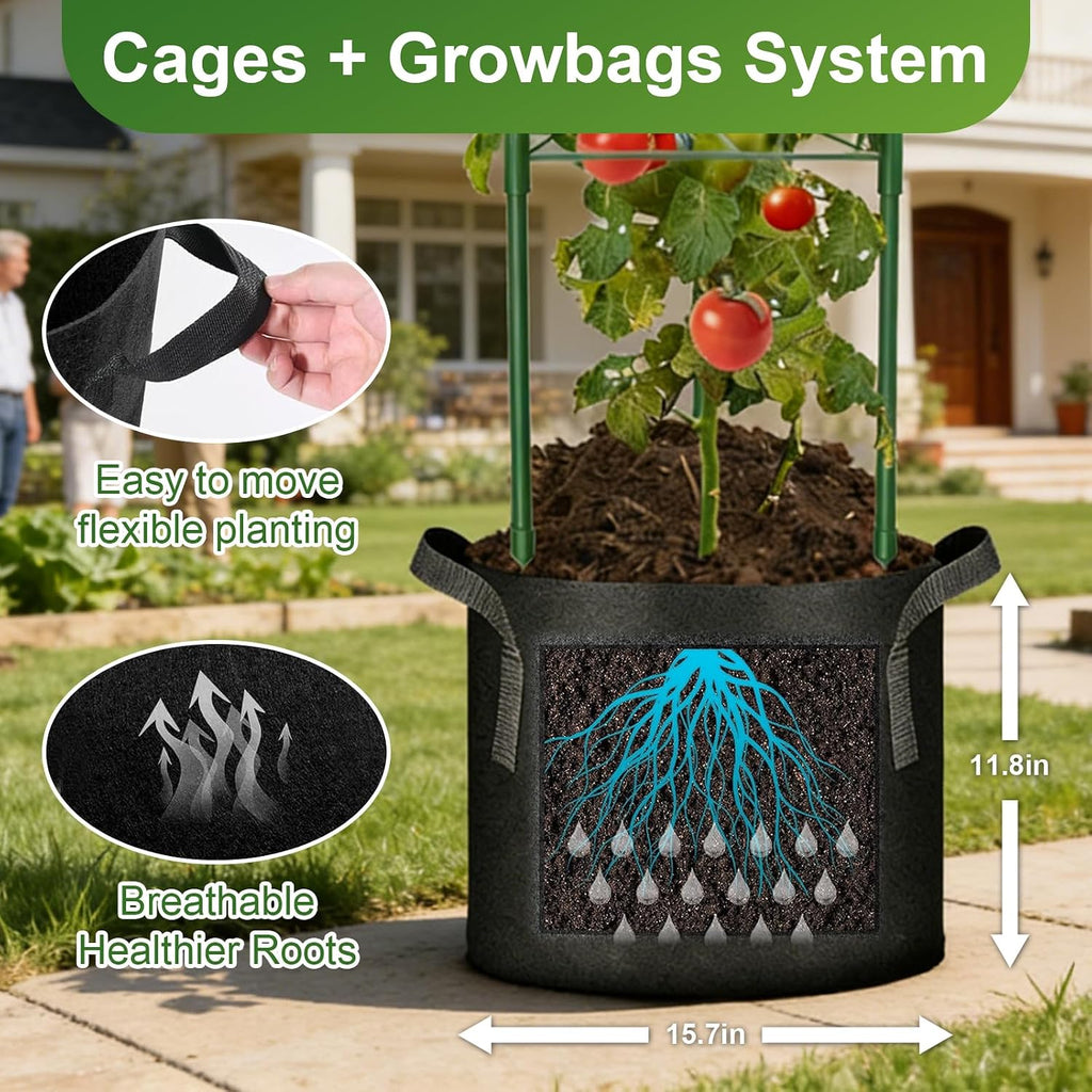 3 Pack Tomato Cage with 10 Gallon Grow Bags, 48" Height Adjustable Tomato Trellis with 65Ft Twist Tie, Heavy Duty