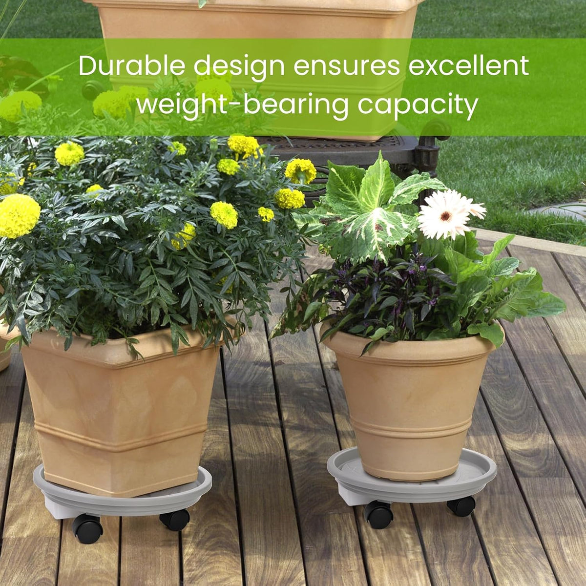 3 Pack Plant Caddy with Wheels, 12 Inch | Heavy Duty Planter Pallet with Drainage Tray, Round Flower Pot Dolly Rolling