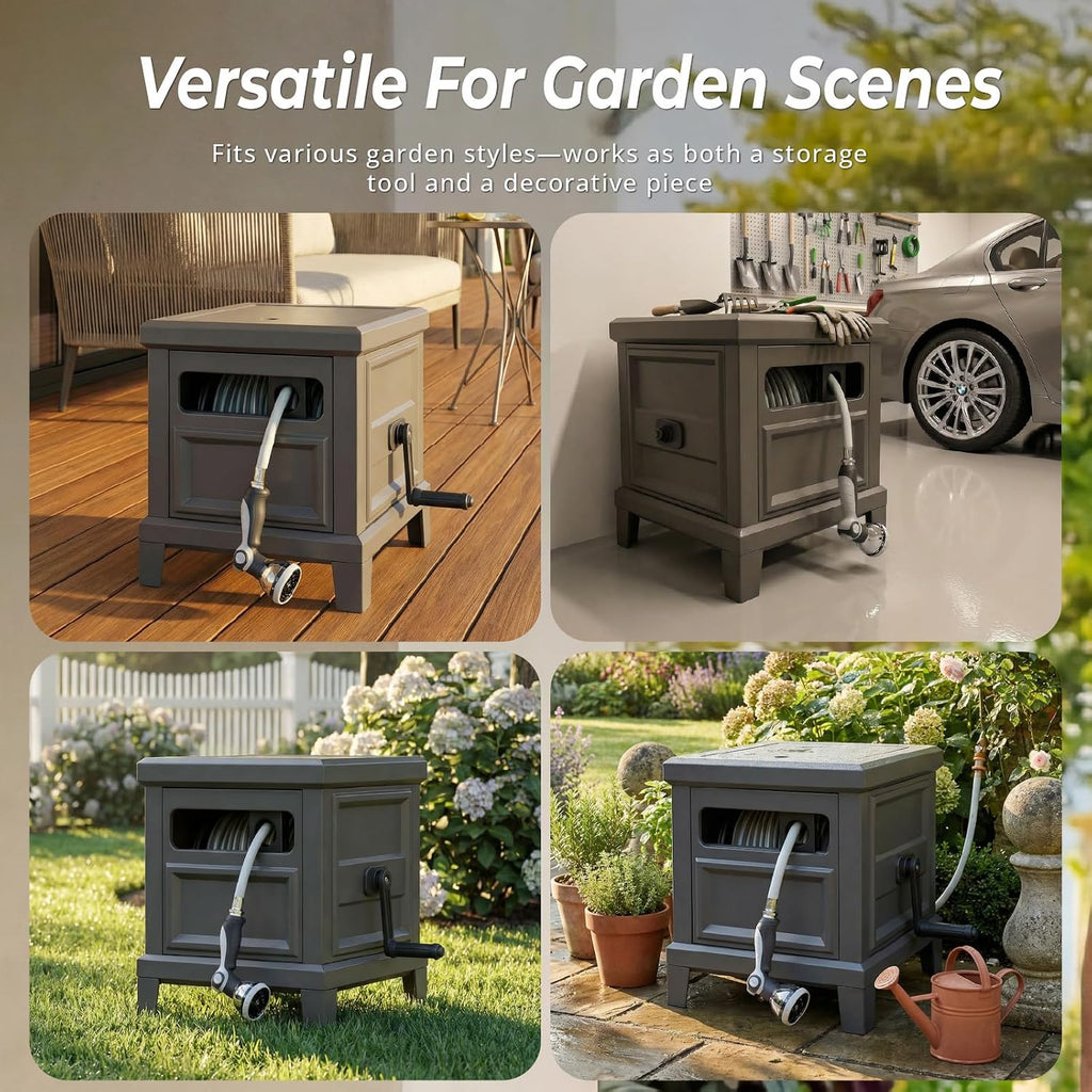 Heavy Duty Steel Garden Hose Reel Deck Box, Holds 125 ft x 5/8 inch Hose, Leak-Proof Aluminum Water System, Manual