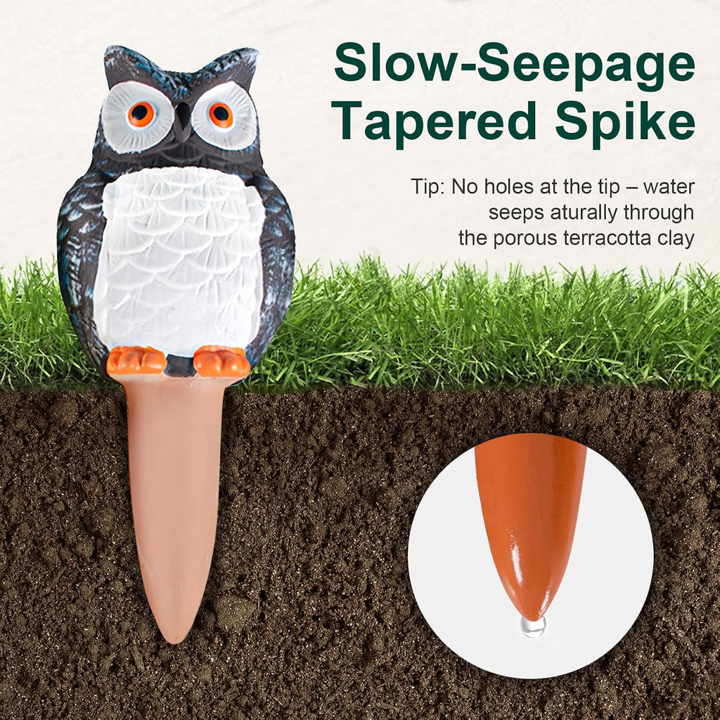 MCleanPin 4 Pack Self Watering Spikes and Globes, Handmade Terracotta Owl Self-Watering Plant Devices with Slow Release