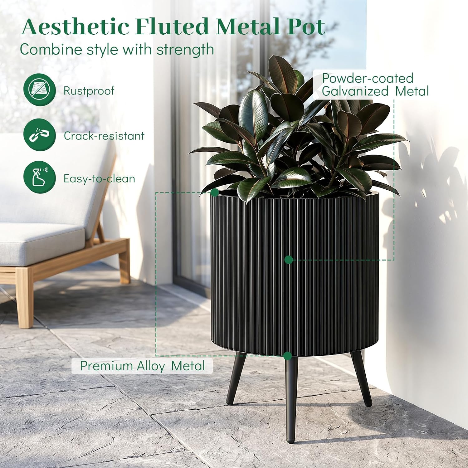 GIANTEX 16 Inch Plant Pot with Stand, Mid-Century Modern Fluted Planter | Built-in Drainage Holes, Tapered Legs, Metal