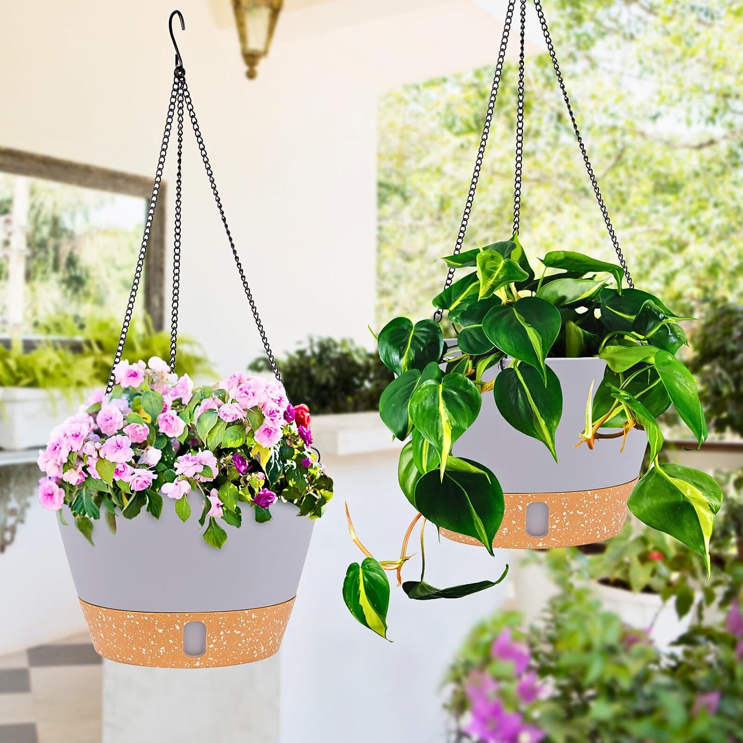 QCQHDU 2 Pack 10 Inch Hanging Planters for Indoor Outdoor Plants, Hanging Baskets Flower Pots with Reservoir Tray &