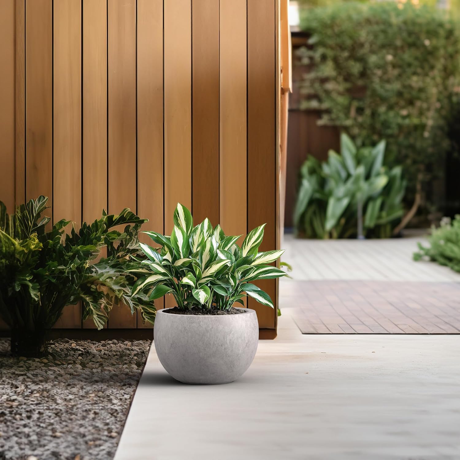 Kante Large Round Bowl CON Gray Concrete Planter 19.9" Dia, Outdoor | Rubber Plug for Indoor, Drainage for Garden