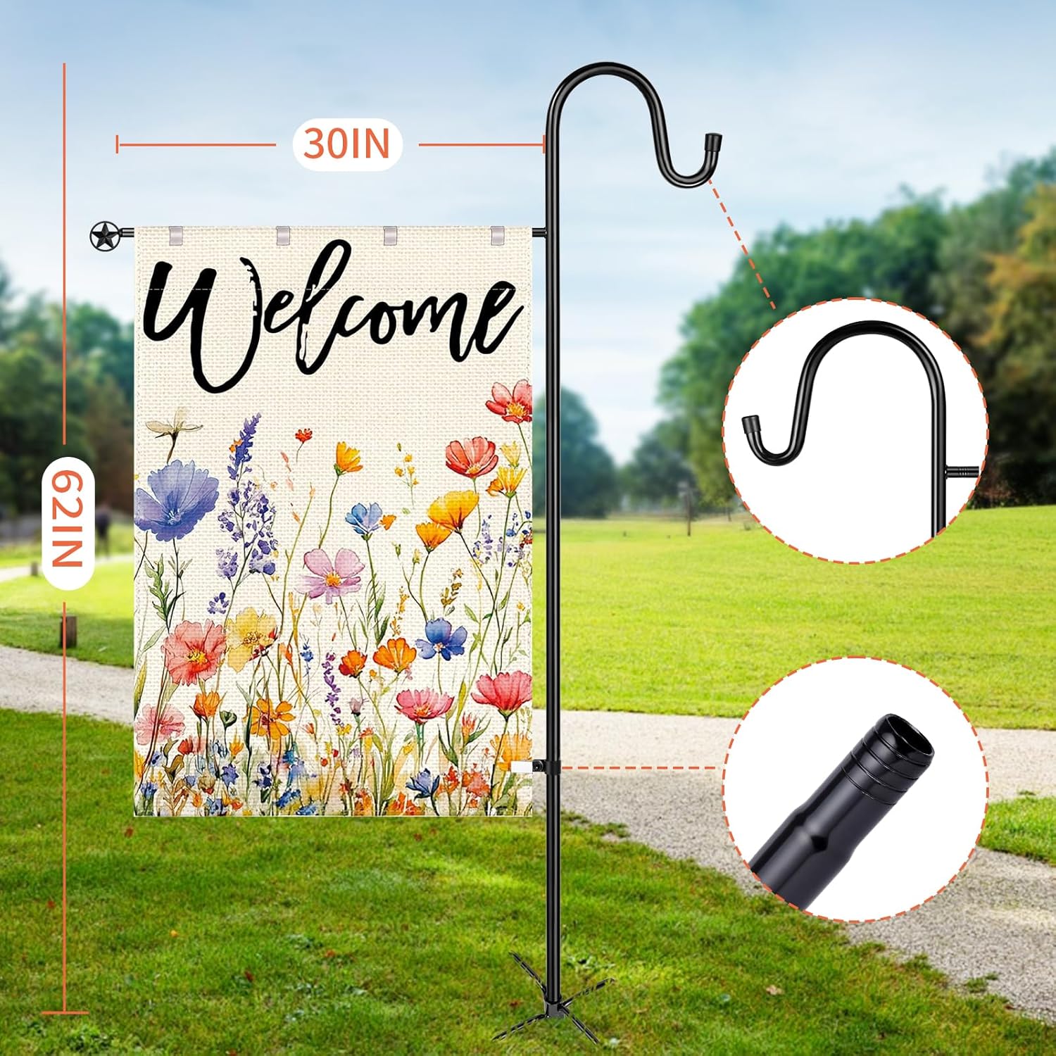 Garden Flag Stand for Outdoor,Heavy Duty Garden Flag Holder for 28x40 Flags, 62 Inches Gaden Flag Pole with Shepherd