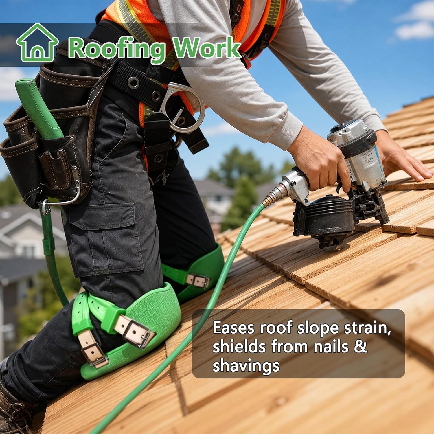 Knee Pads for Work, Roofing Knee Saver with Soft Foam Sleeves, Non-Slip Bottom, Leather Strap, Impact & Abrasion