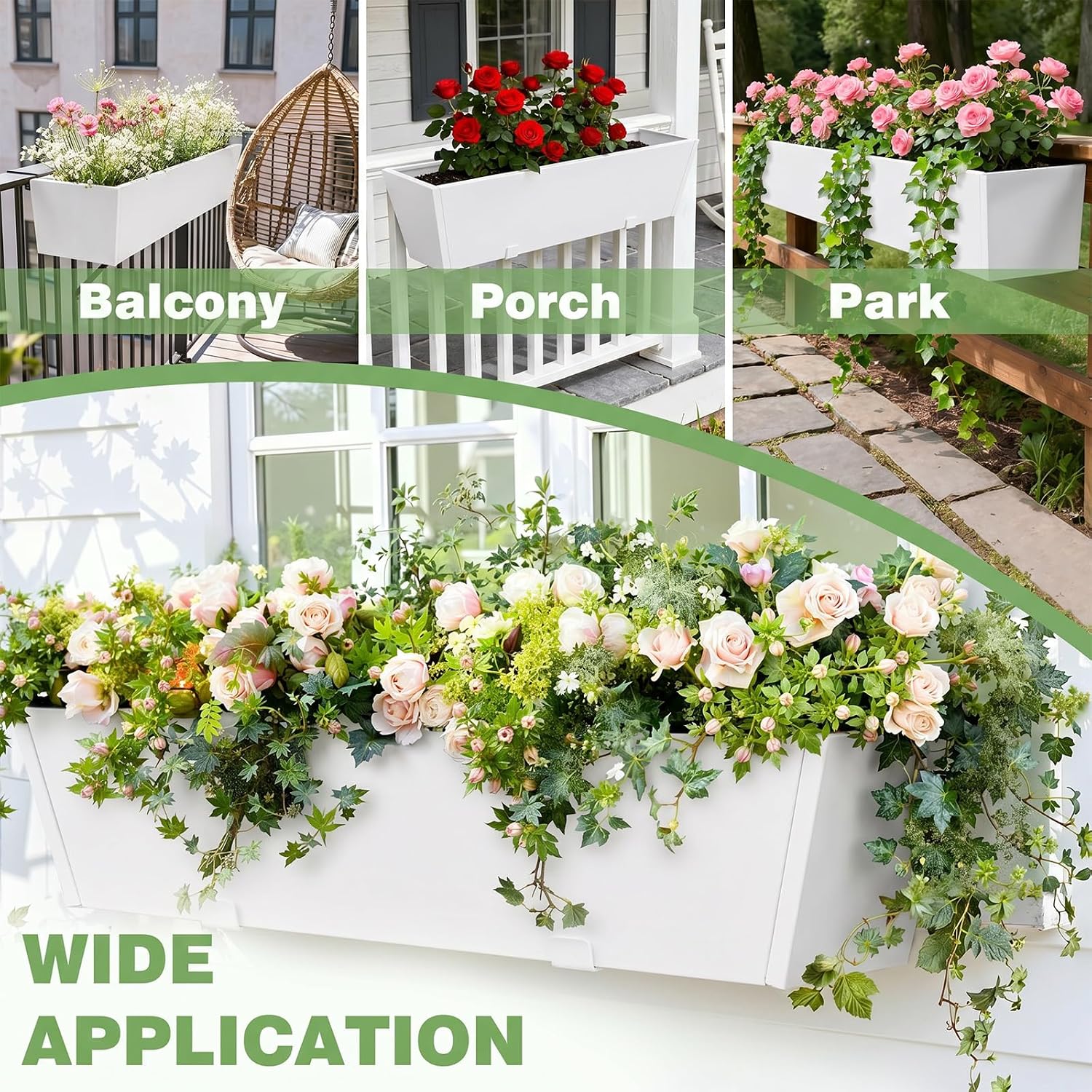 Railing Planter for Outdoor Plants 36'' Metal Hanging Flower Pot with Adjustable Brackets & Drainage Railing Planter