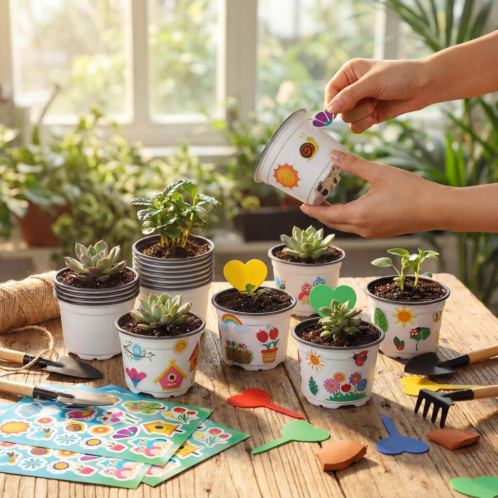 100 Sets Garden Pot Craft Kit, Flower Plant Craft,White,Rustic | Including Plastic Nursery Plant Pots Labels Tags