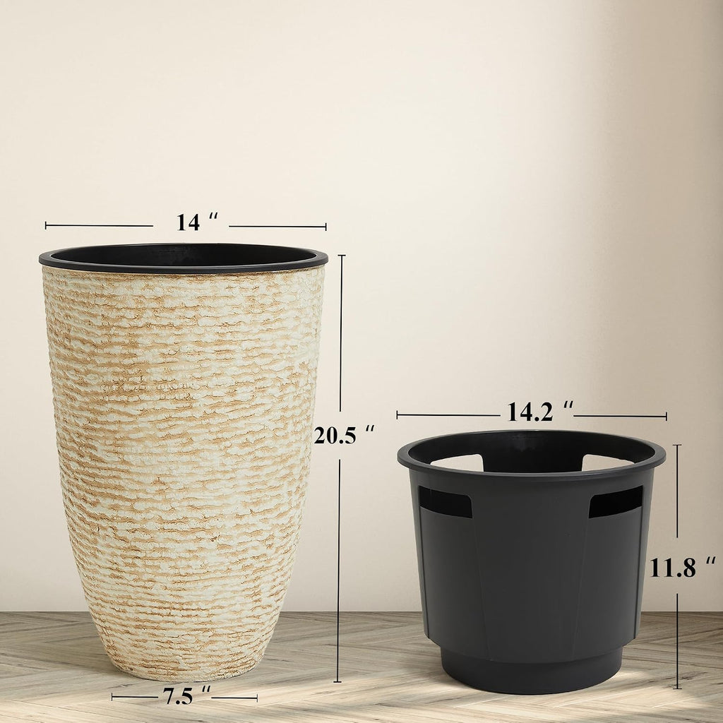 Worth Garden 21" H Beige Tall Planters set of 2 with Inside Pots - 14'' Dia Plastic Large Round Plant Tree Pots with