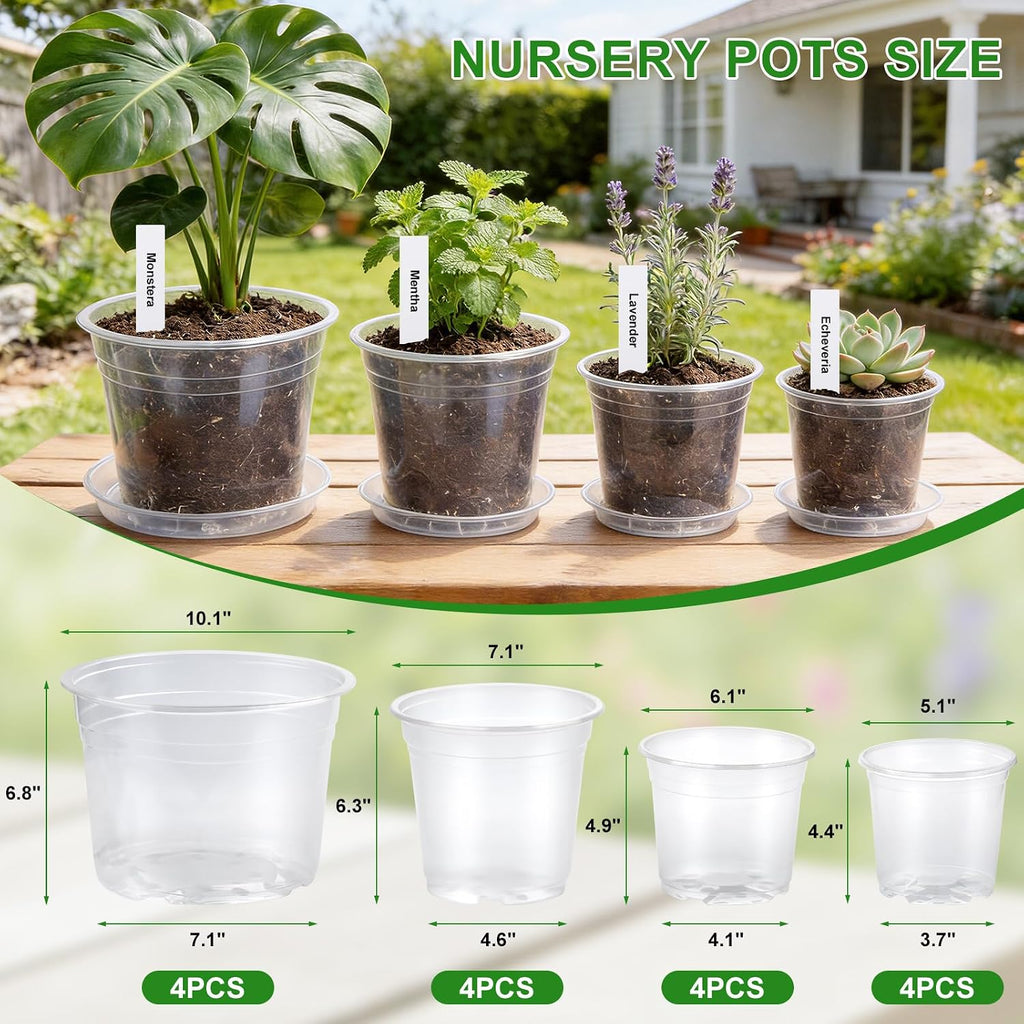 5/6/7/10 Inch Clear Nursery Pots with Drainage & Saucers 16PCS , Plant Large Pots with Labels, Seedling Tool & Hole