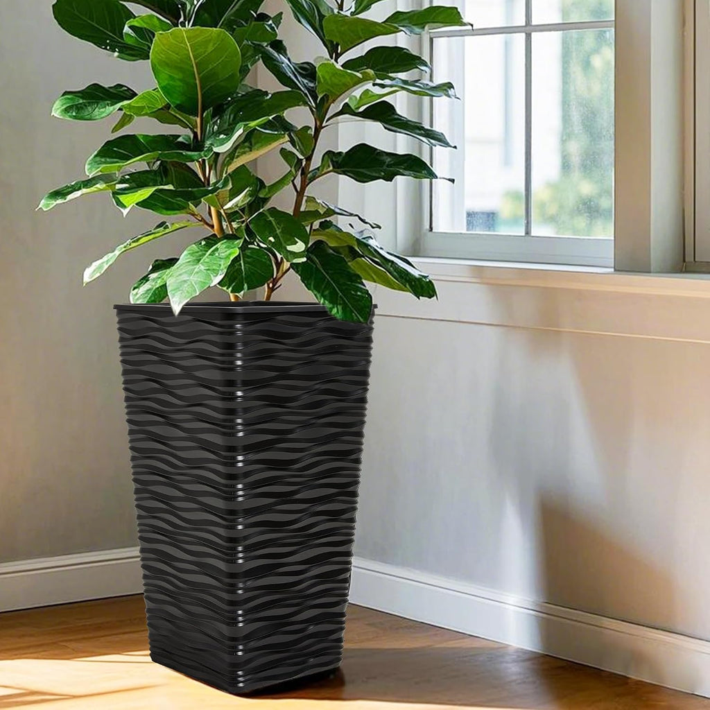 Worth 2 Pack 22" Tall Plastic Square Tapered Planter with Inside Pots for Indoor or Outdoor Use, Modern Wavy Finish for