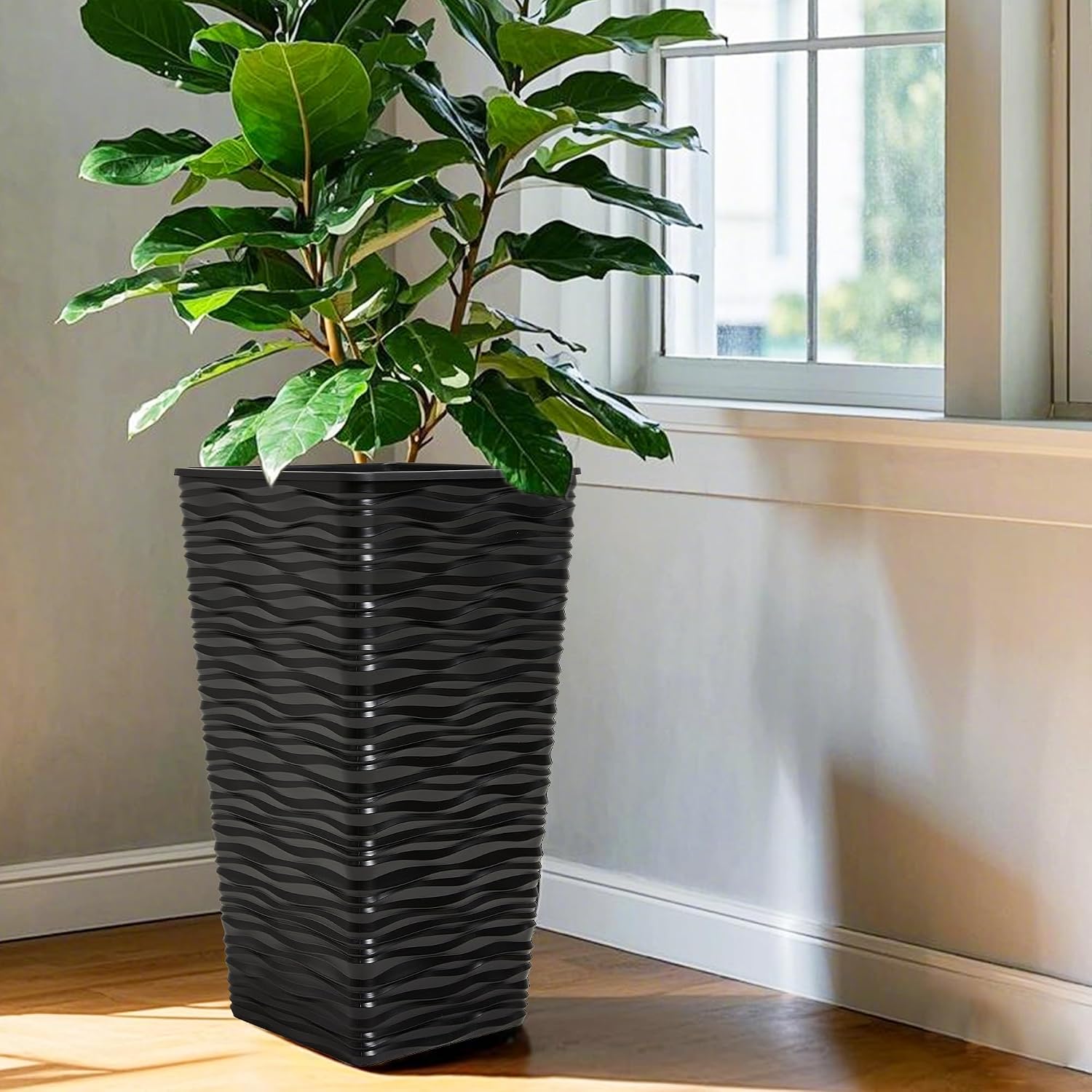 Worth 2 Pack 22" Tall Plastic Square Tapered Planter with Inside Pots for Indoor or Outdoor Use, Modern Wavy Finish for