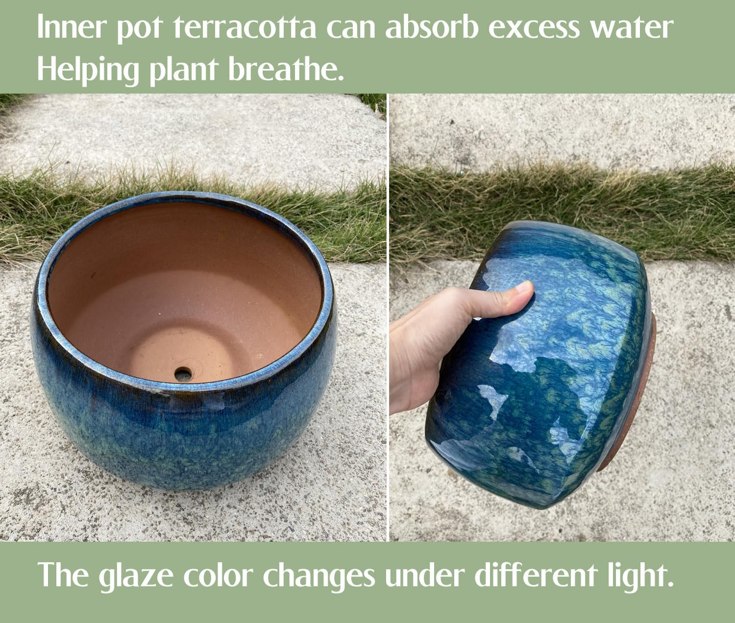 Reactive Glaze Peacock Color 11" Ceramic Plant Pot，Large Flower Pot Planter | Artisan Blue Pot with Drainage Hole