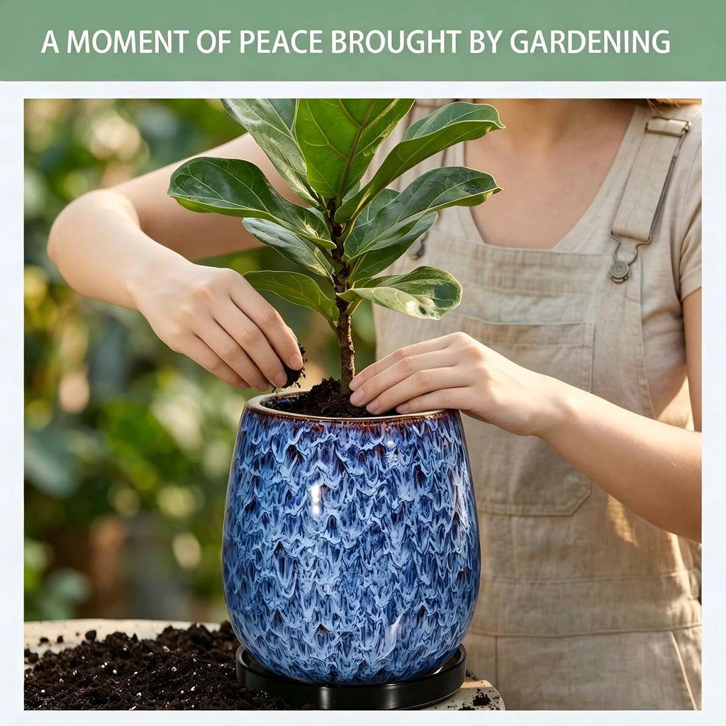 10.3 Inch Ceramic Glaze Plant Pot with Saucer, Flower Pots with Drainage Hole Mesh Net (Blue)