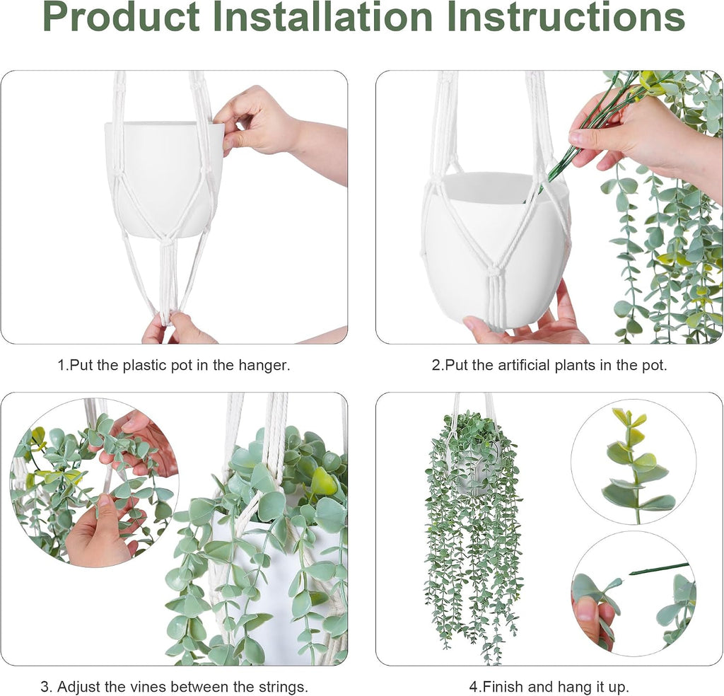 DREAMLOOM 2 Packs Fake Hanging Plants with Pots, Artificial Eucalyptus Hanging Plants with Macrame Hanger for Indoor