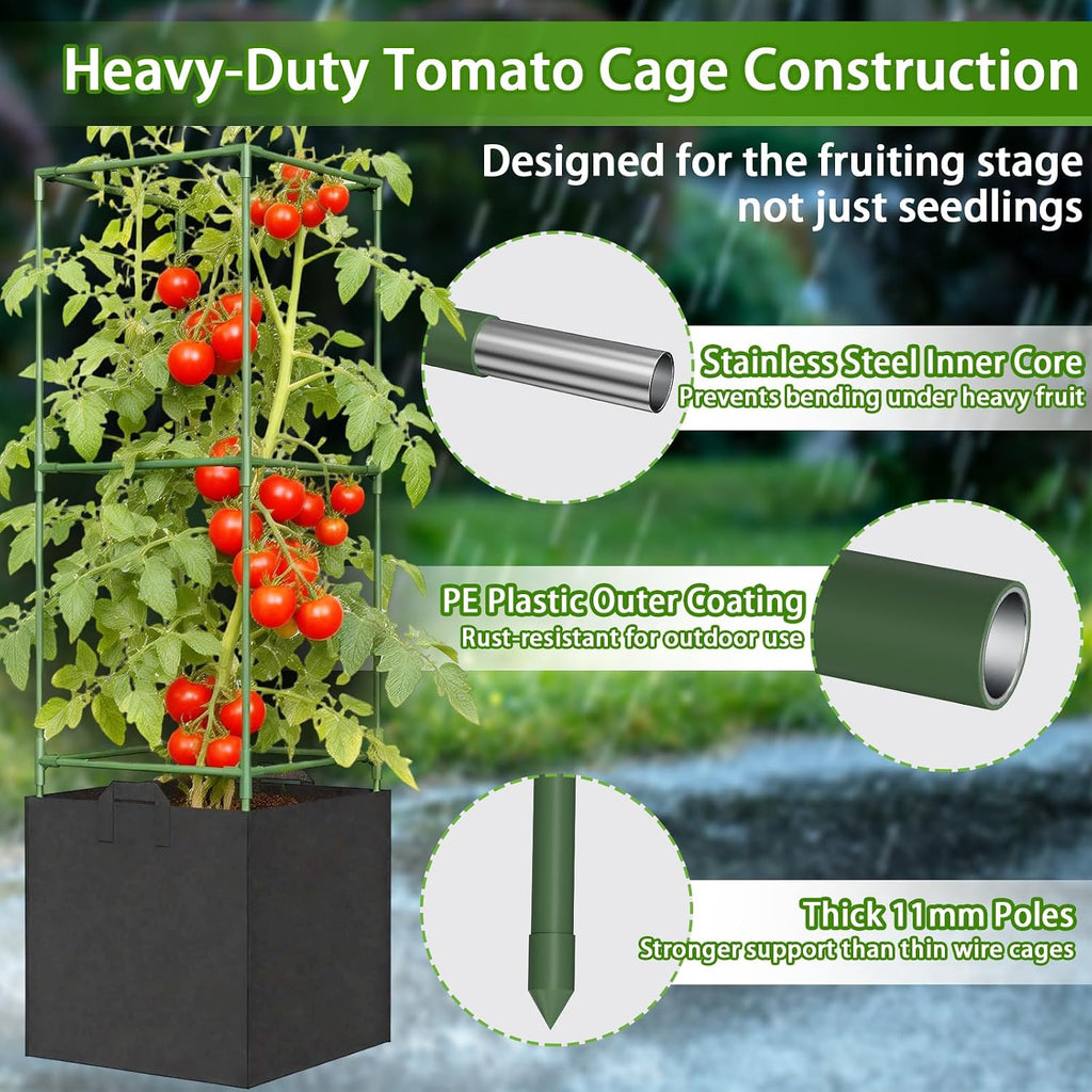 Tomato Cages for Garden, Tomato Planter with Trellis, 48in Tall Square Tomato Trellis with 18 Gallon Grow Bags, Patio &