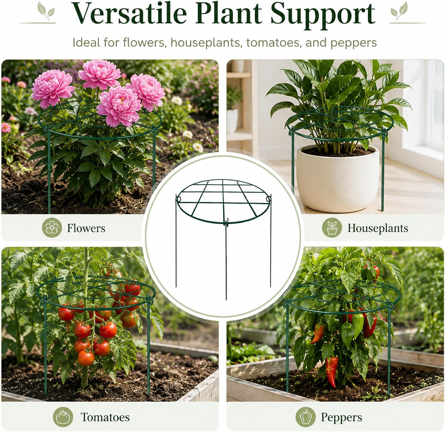 6-Pack Plant Support Stakes 11.8"x 15.7" Metal Plant Support Rings, Rustproof Peony Cages with 3-Leg Stand for