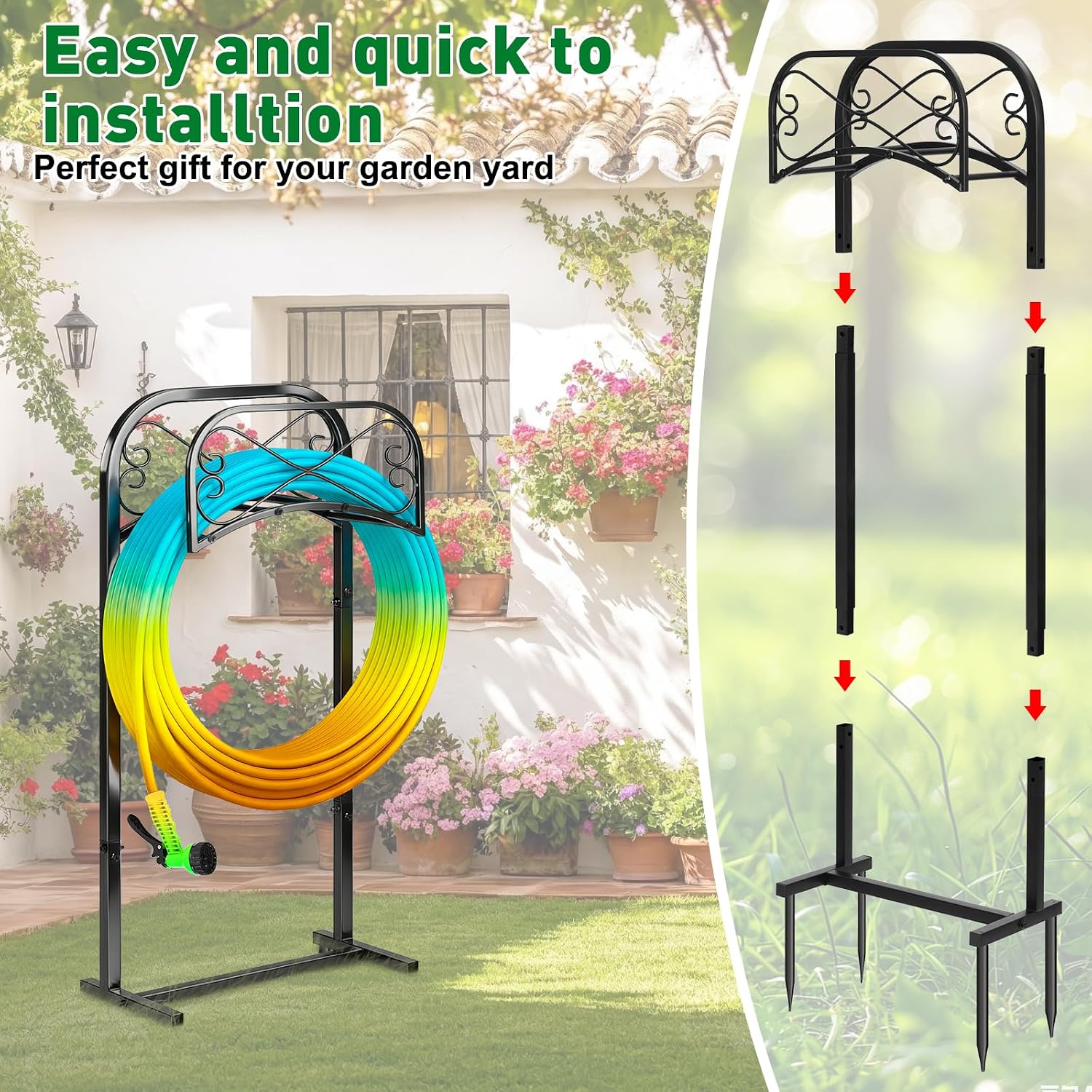 Gtongoko Garden Hose Holder for Outside 43" Heavy Duty Freestanding Water Hose Holder with 4 Stable Spikes Metal Hose