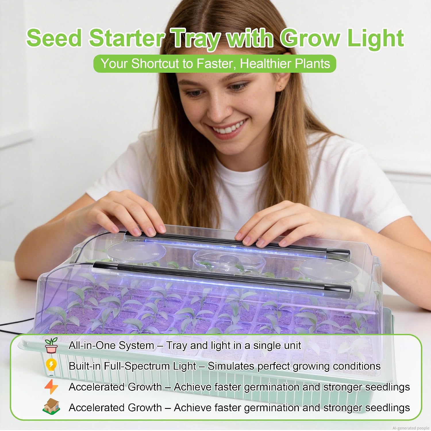 Seed Starter Tray with Grow Light, 2 Pack 80 Cells Seed Starter Kit, Complete System with Humidity Dome, Full Spectrum