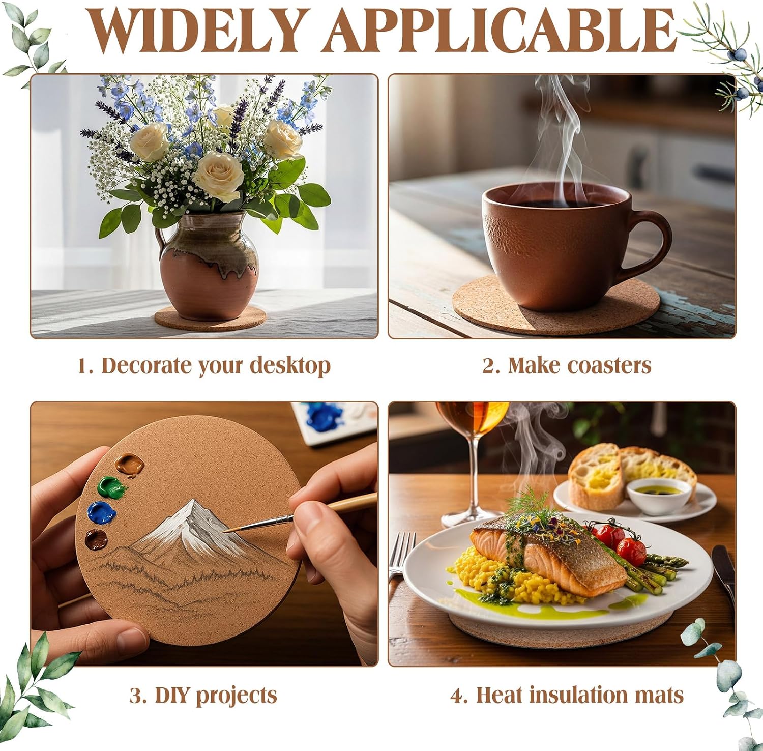 Gejoy 20 Pcs Cork Plant Coasters, Cork Plant Mats Absorbent Round Saucers Placemats for Indoors, Planters, House
