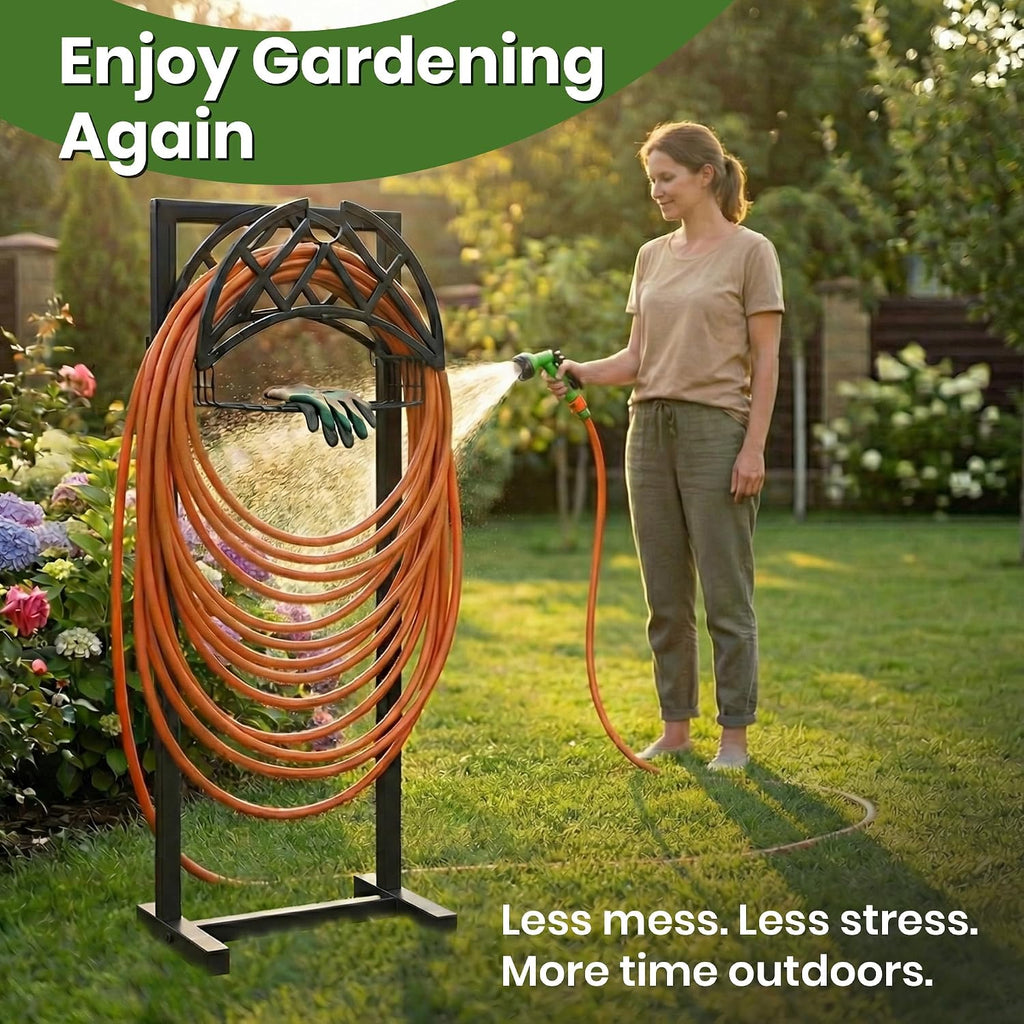 Oriva Garden Hose Holder Stand, Freestanding Water Hose Holder for Outside, Heavy Duty Metal Hose Hanger w/ 4-Spike