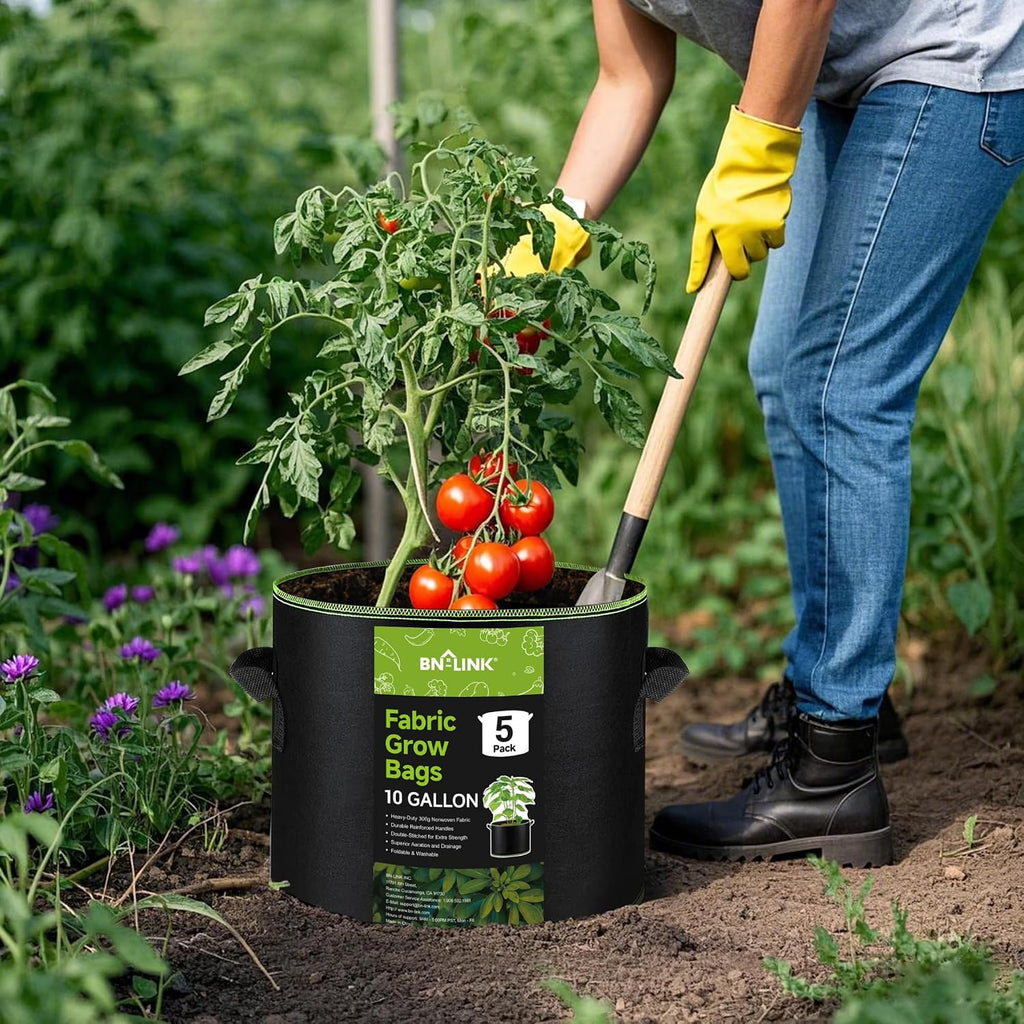 BN-LINK 5-Pack 10 Gallon Grow Bags, Heavy Duty Aeration Fabric Pots with Handles, Thickened Nonwoven Plant Bags for
