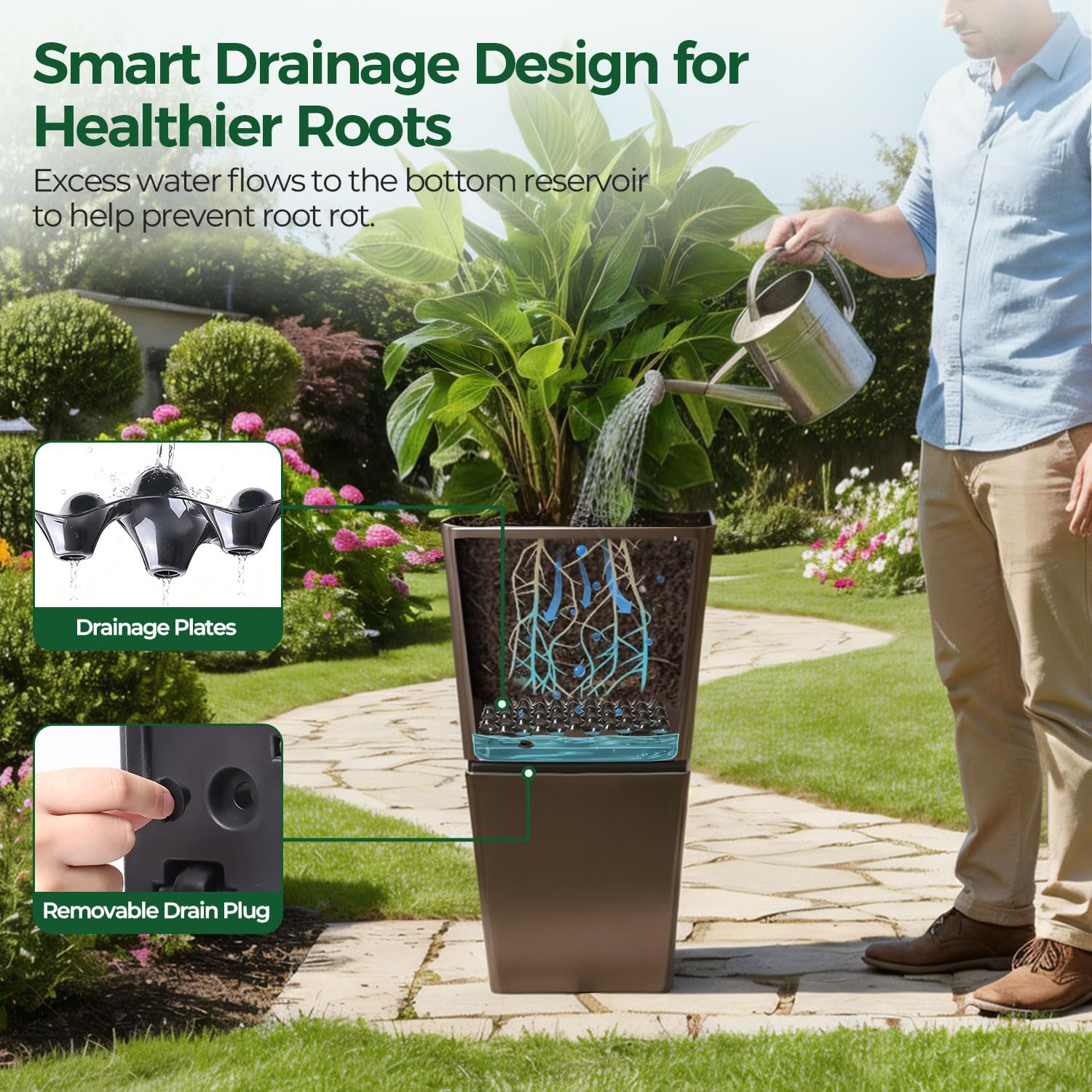 T4U Tall Planter for Outdoor Plants 2 Pack, Large Plastic Pots Brown | Patio porch deck use, Stackable design with