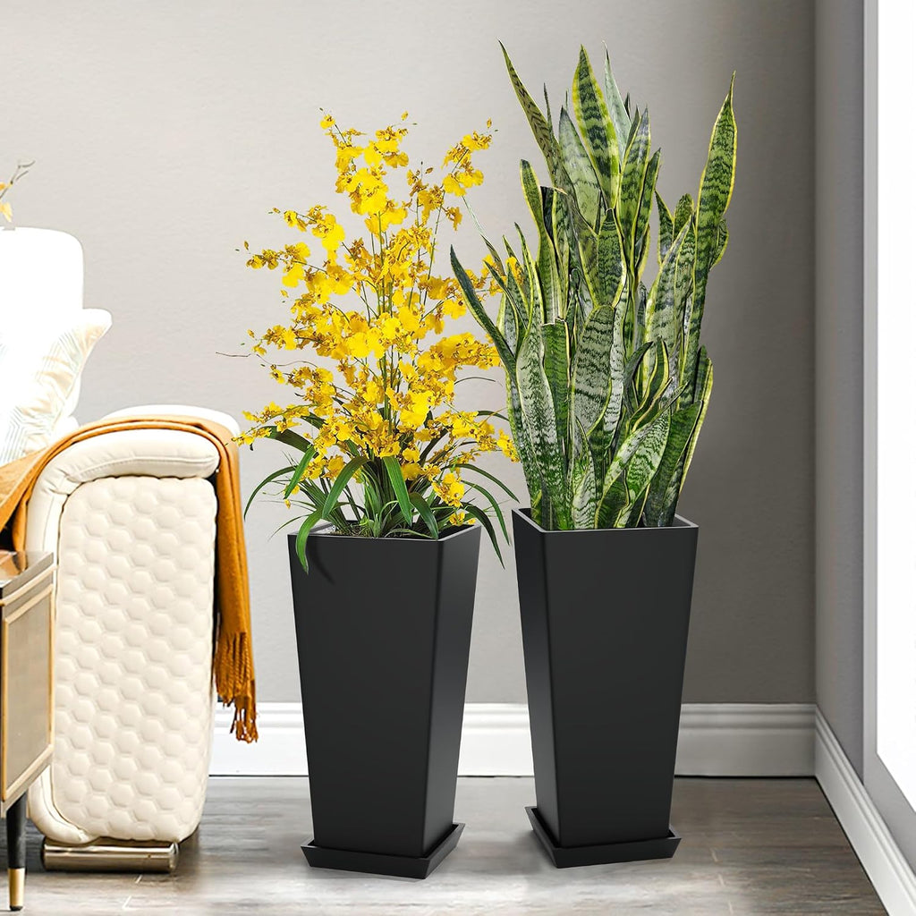 TUYOHW 24-Inch Tall Planters for Outdoor Plants, Set of 2, Black | Square tapered plastic planters with drainage trays